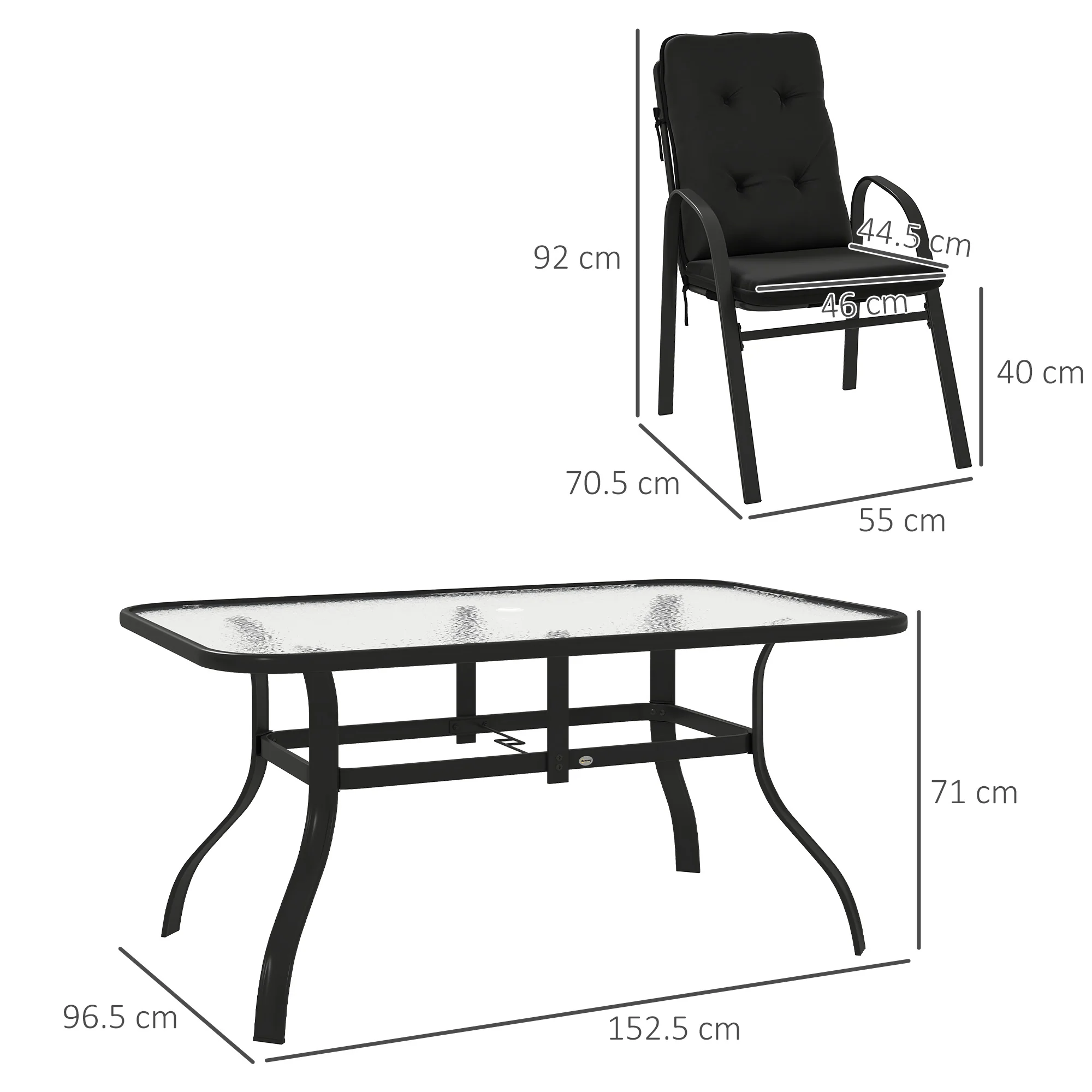 7 Pieces Garden Dining Set, Outdoor Rectangular Dining Table and 6 Cushioned Armchairs, Tempered Glass Top Table w/ Umbrella Hole, Texteline Seats, Black - Image 5