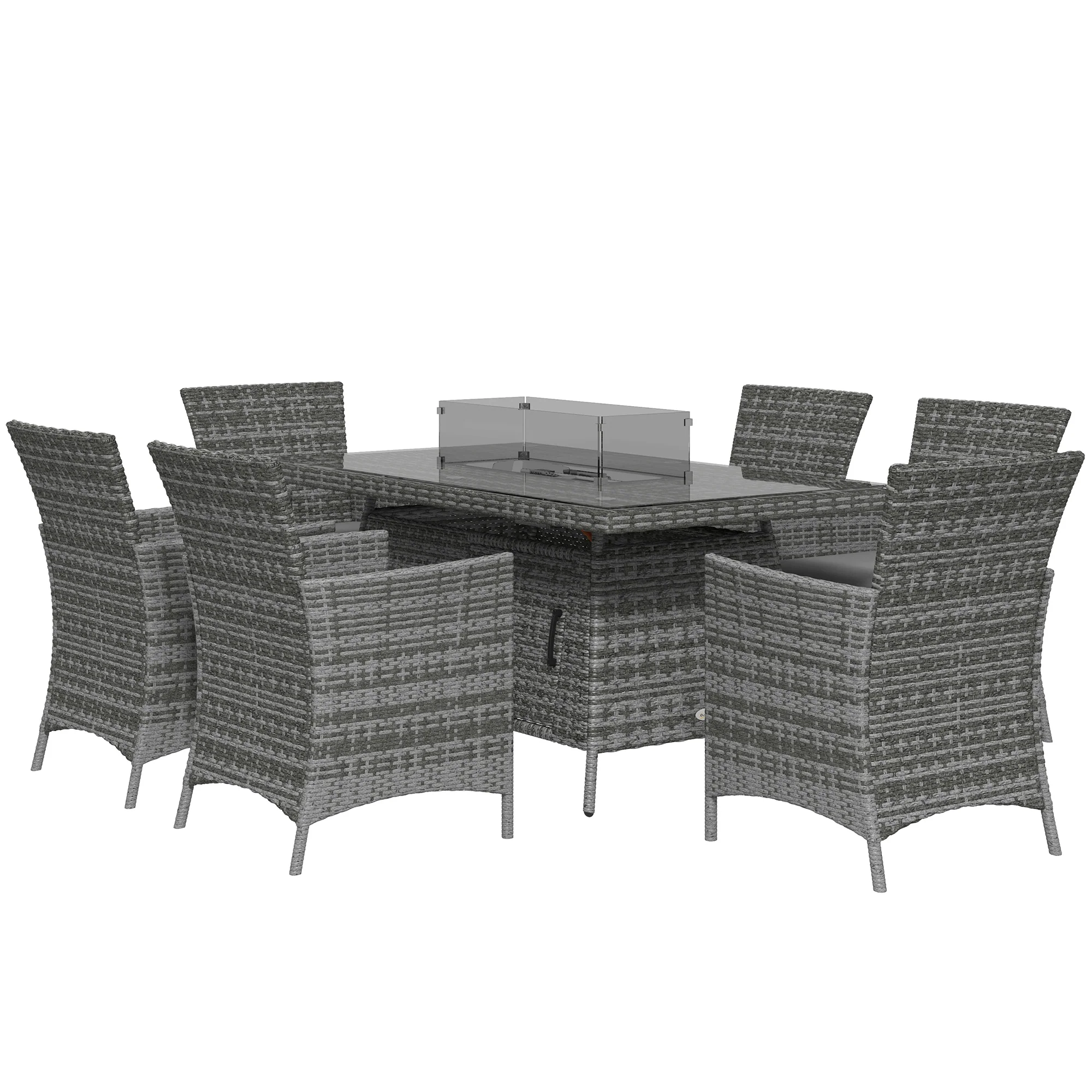 7 Pieces Rattan Garden Dining Set with Fire Pit Table, 6 Chairs with Cushions, Grey - Image 12