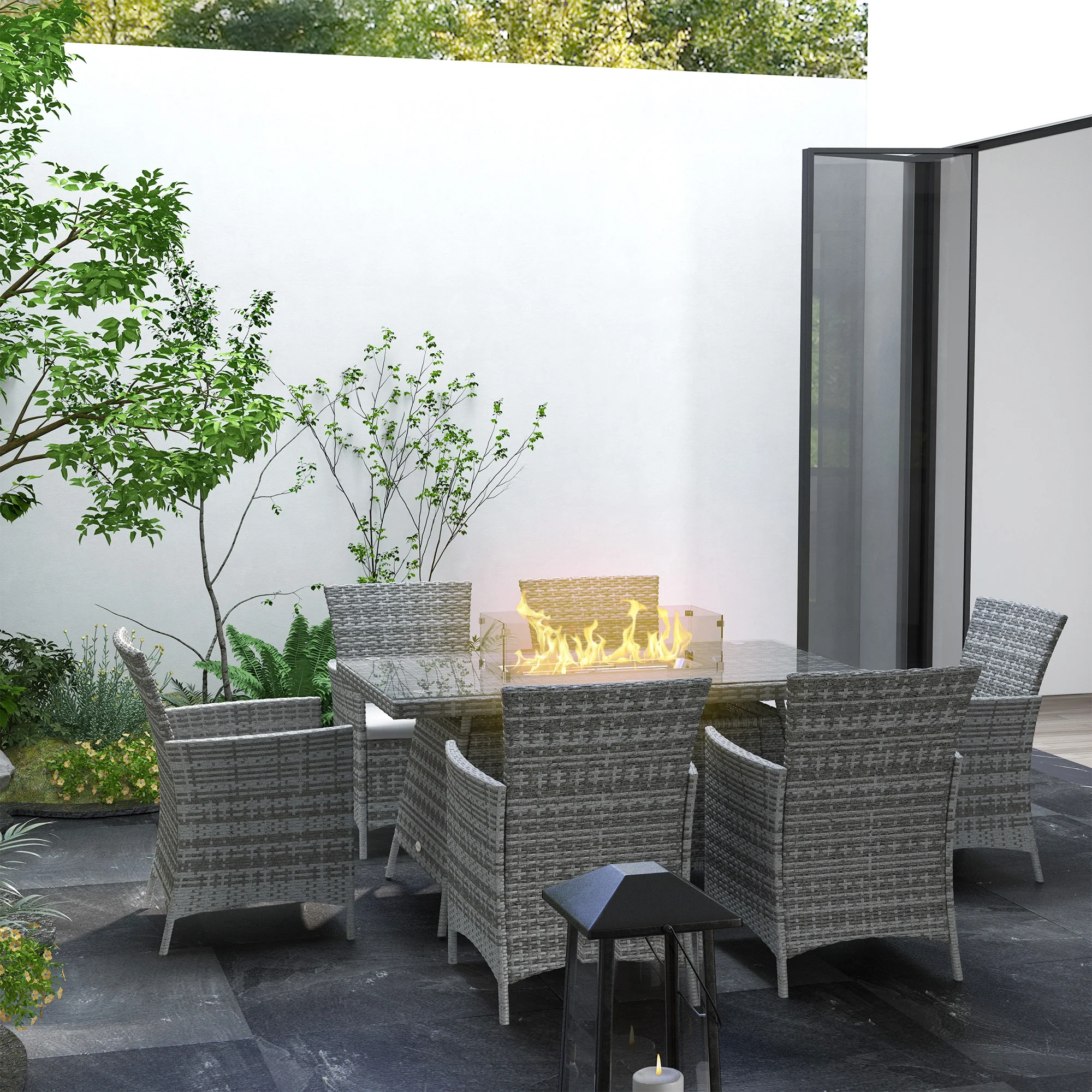 7 Pieces Rattan Garden Dining Set with Fire Pit Table, 6 Chairs with Cushions, Grey - Image 3