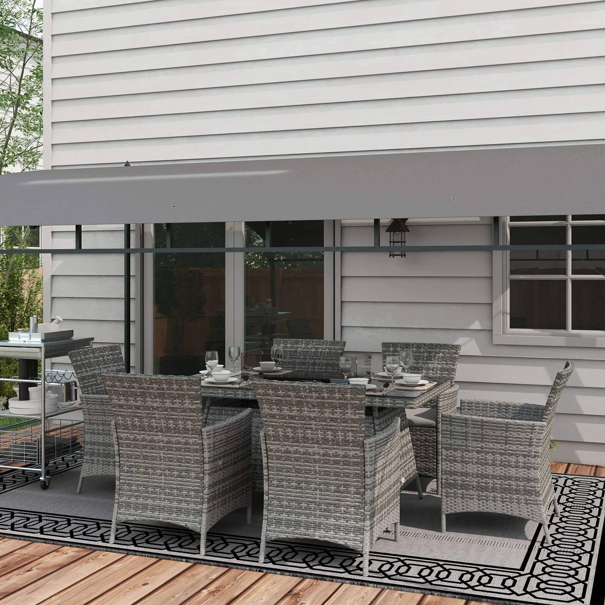 7 Pieces Rattan Garden Dining Set with Fire Pit Table, 6 Chairs with Cushions, Grey - Image 4