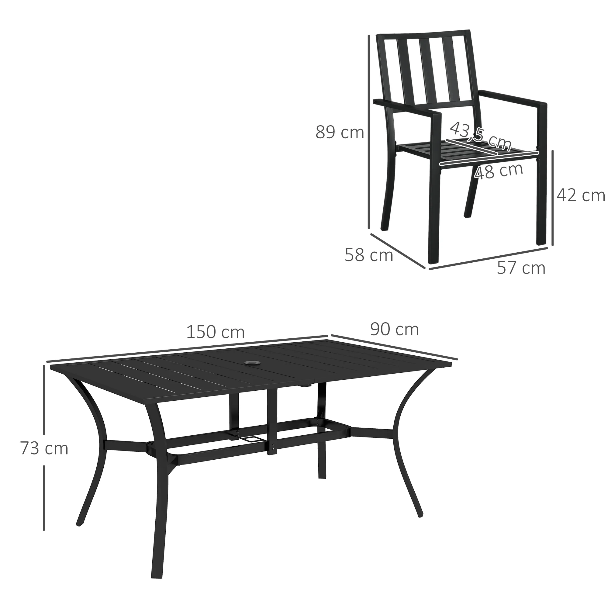 7 Pieces Patio Dining Set, 6 Seater Outdoor Table and Stackable Chairs with Umbrella Hole, Galvanised Steel Frame, Space Saving, for Poolside, Garden, Black - Image 5