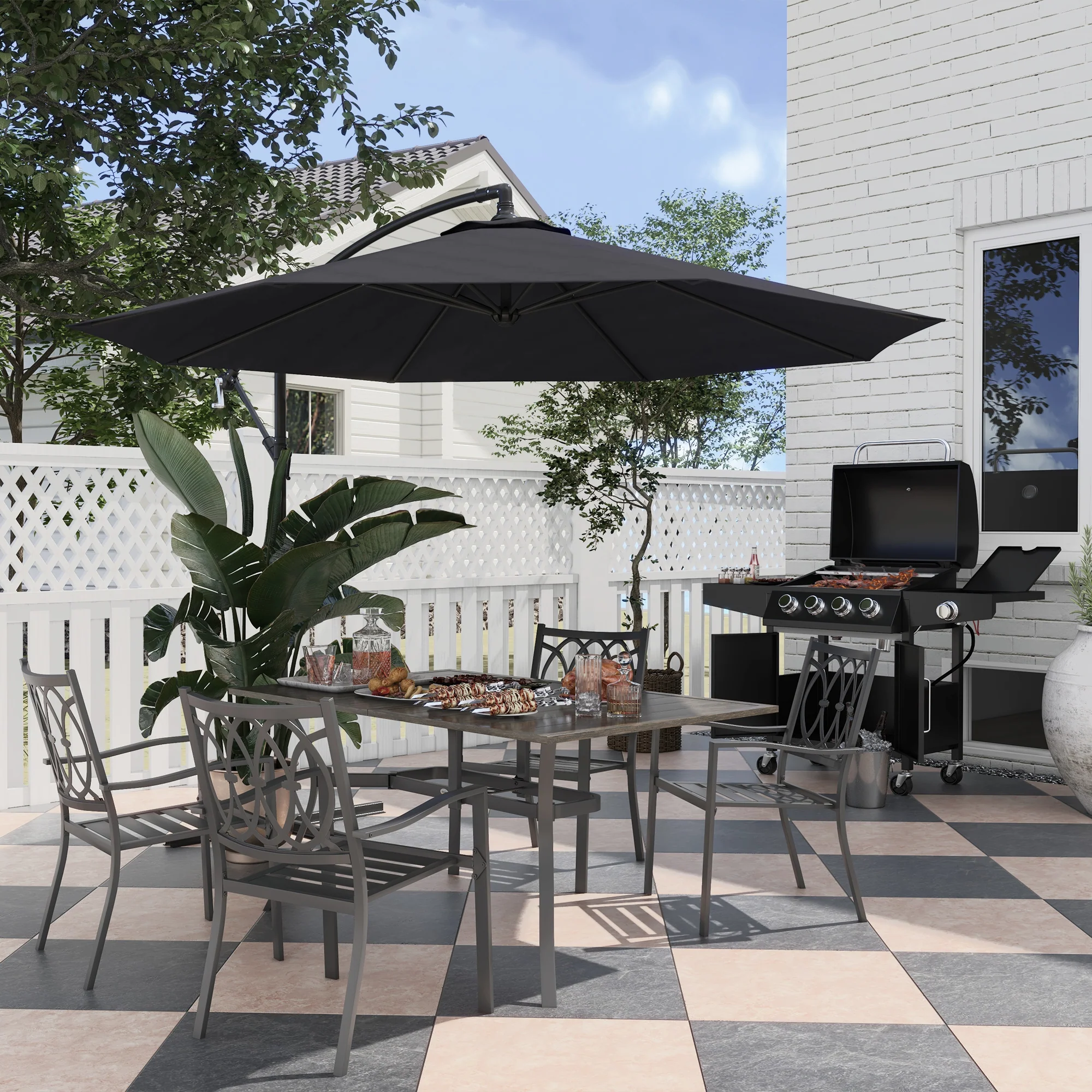 7 Pieces Outdoor Dining Set for 6, Wood Grain Steel Table with Stackable Chairs, Brown - Image 11