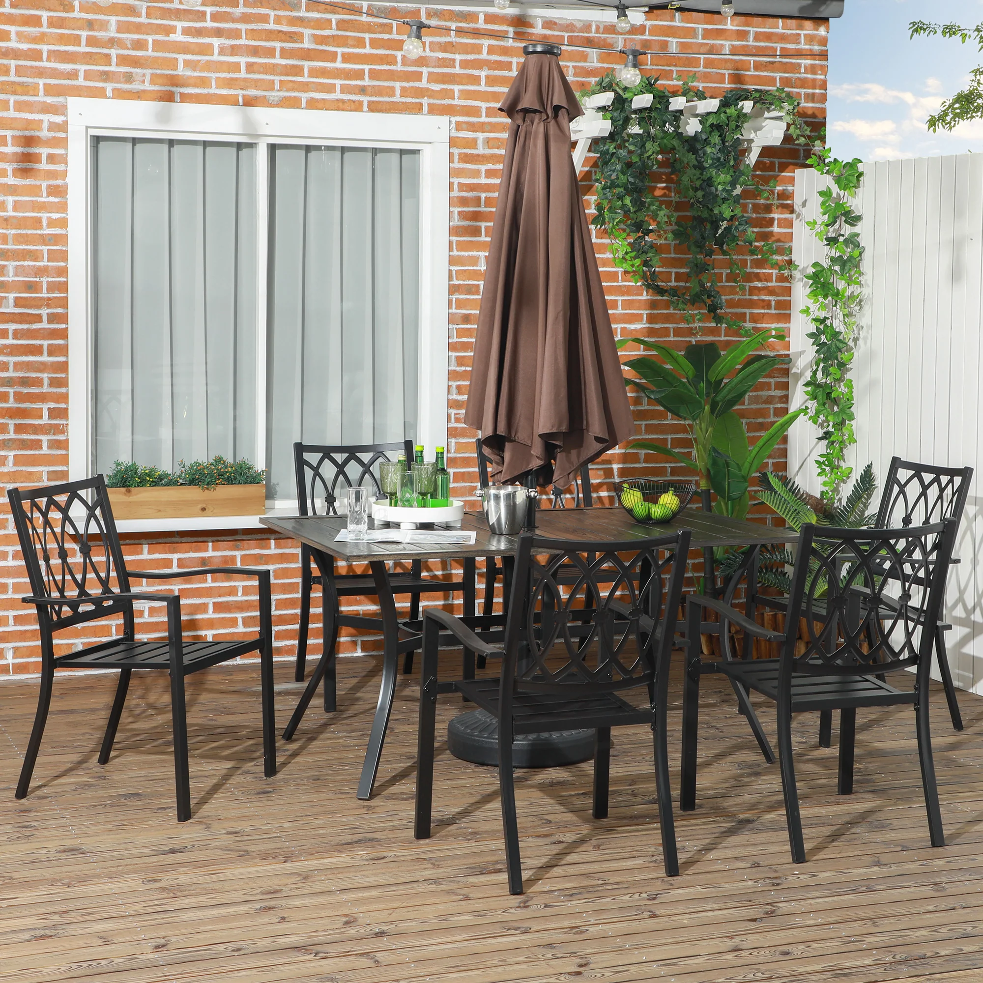 7 Pieces Outdoor Dining Set for 6, Wood Grain Steel Table with Stackable Chairs, Brown - Image 4