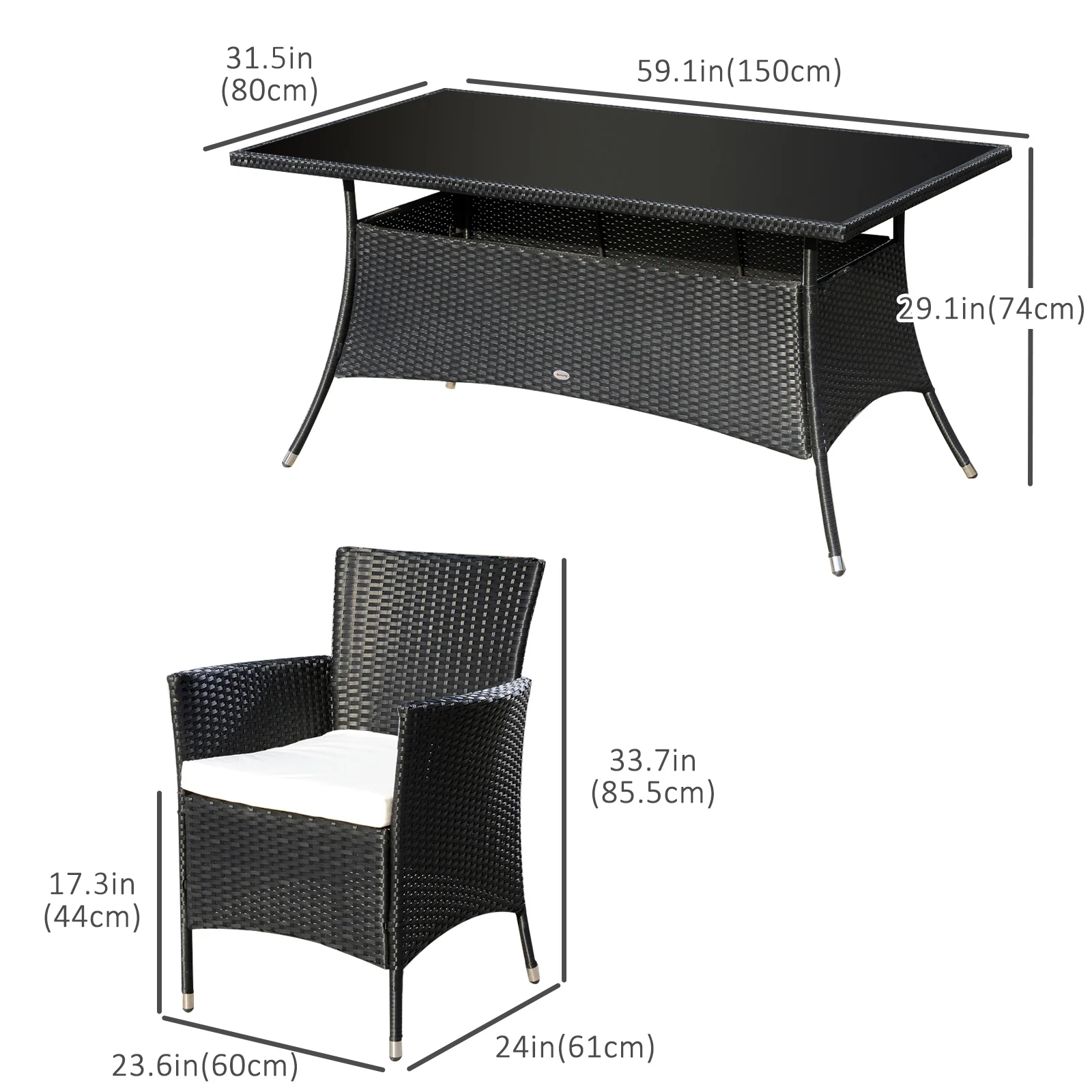 7 Pieces Patio Wicker Dining Set with Removable Cushions & Tempered Glass Tabletop, Black - Image 5