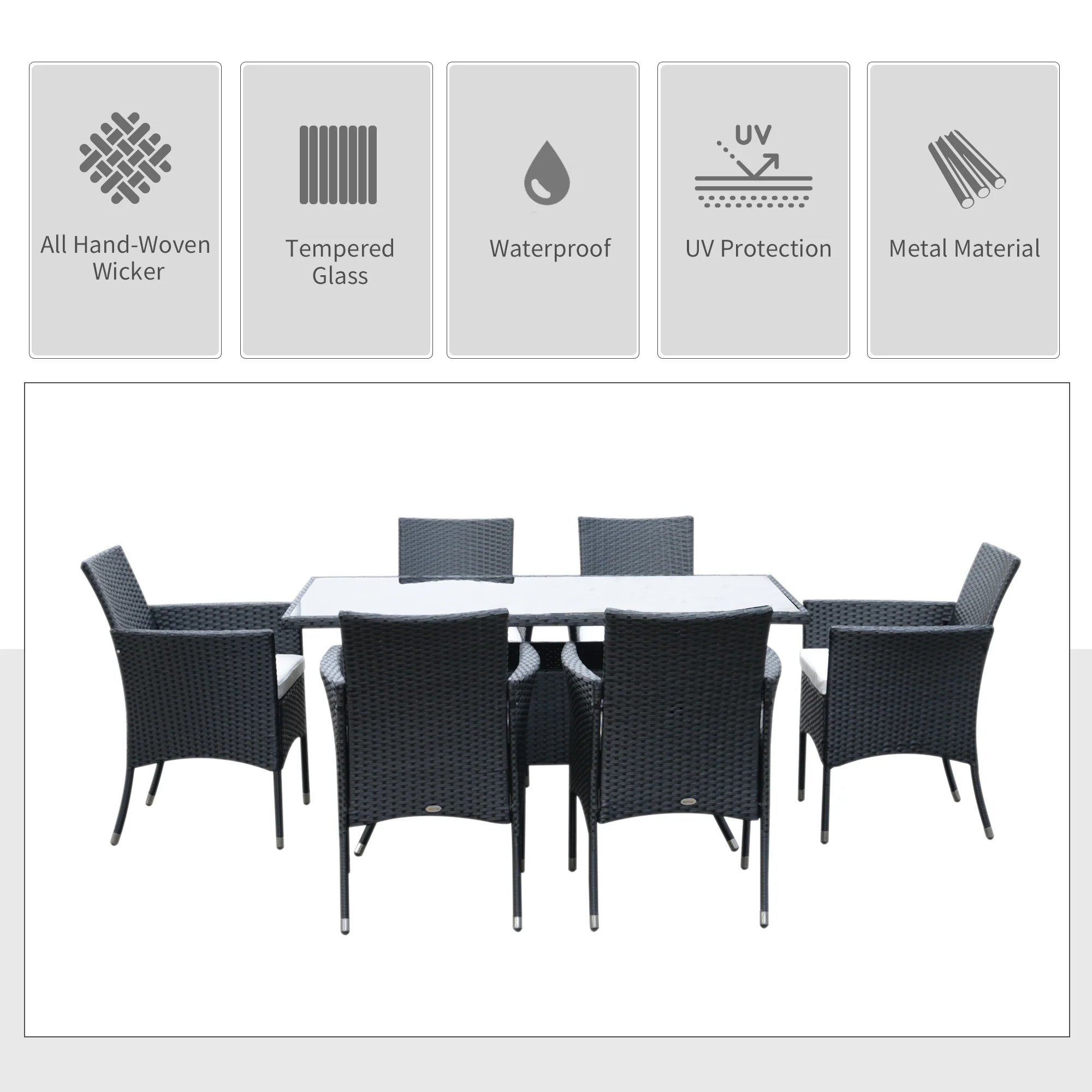 7 Pieces Patio Wicker Dining Set with Removable Cushions & Tempered Glass Tabletop, Black - Image 6