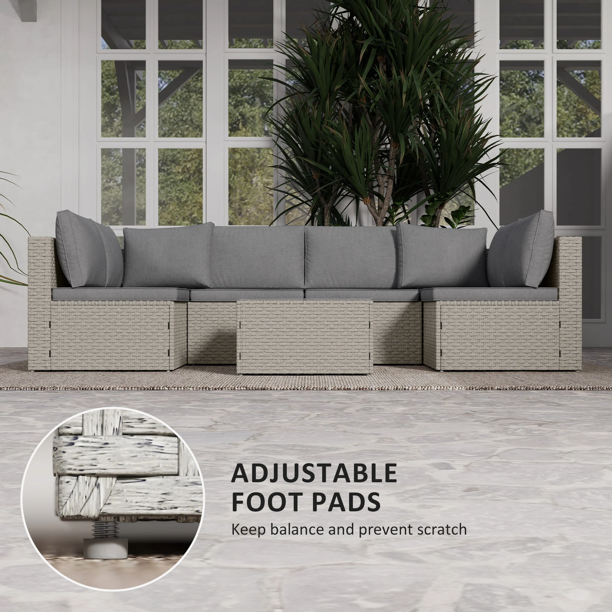 7 Pieces Rattan Garden Furniture Set, 6 Seater Garden Corner Sofa with Wide Seat, Cushions and Glass Top Table, Sectional Outdoor Furniture Conservatory Set for Patio, Light Brown - Image 10