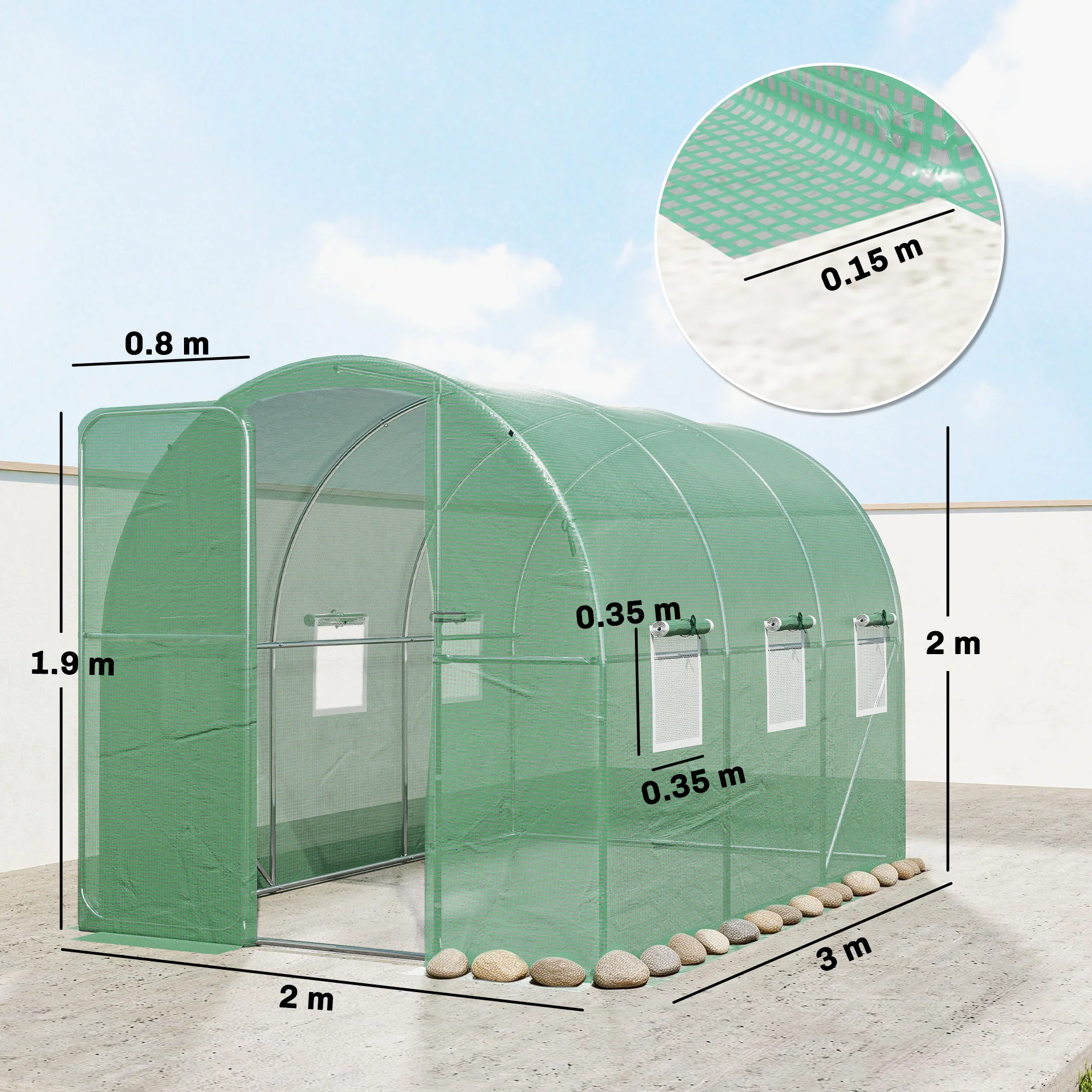 7' x 10' Walk-in Polytunnel Greenhouse with Hinged Door and 6 Roll Up Mesh Windows, Garden Tunnel Warm House Tent with UV-resistant PE Cover, Galvanised Steel Frame, Green - Image 5