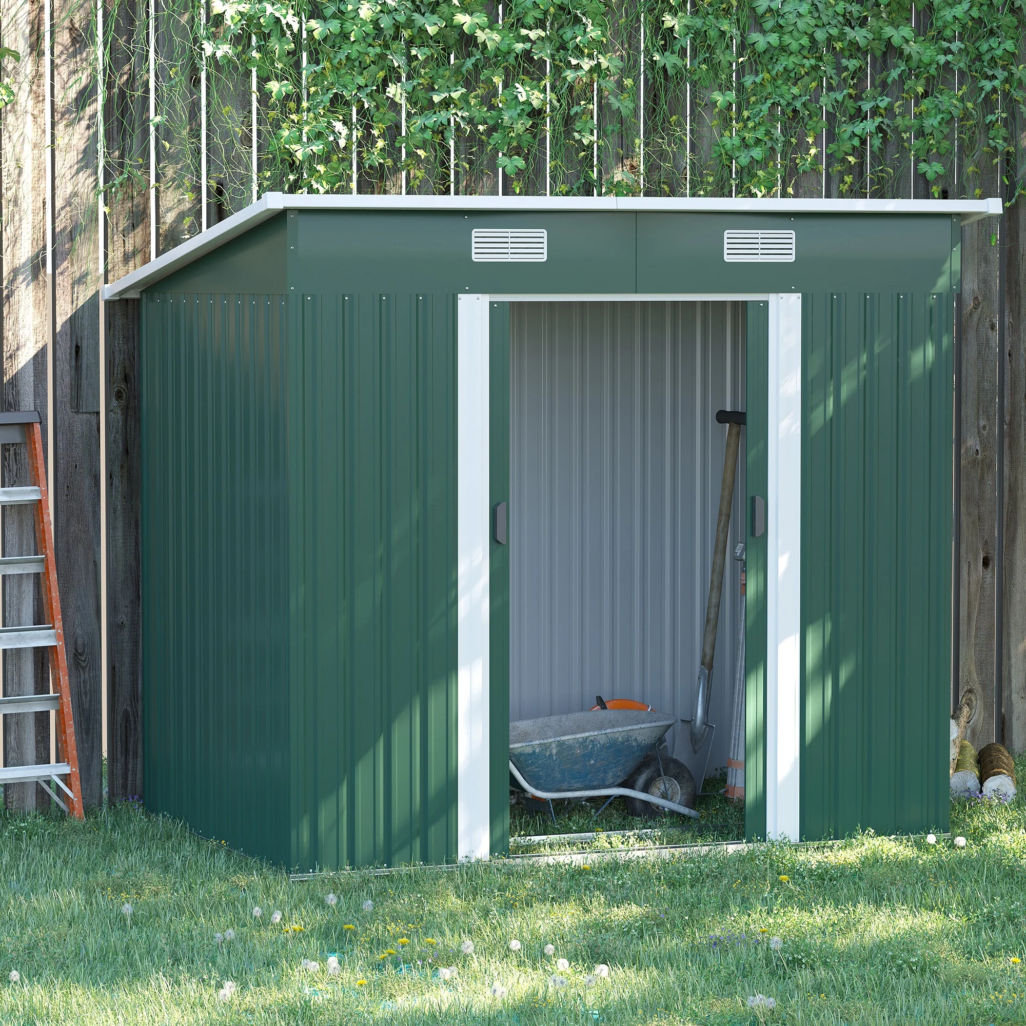 7' x 4' Metal Storage Shed with Lockable Double Doors & Foundation Kit, Green - Image 4
