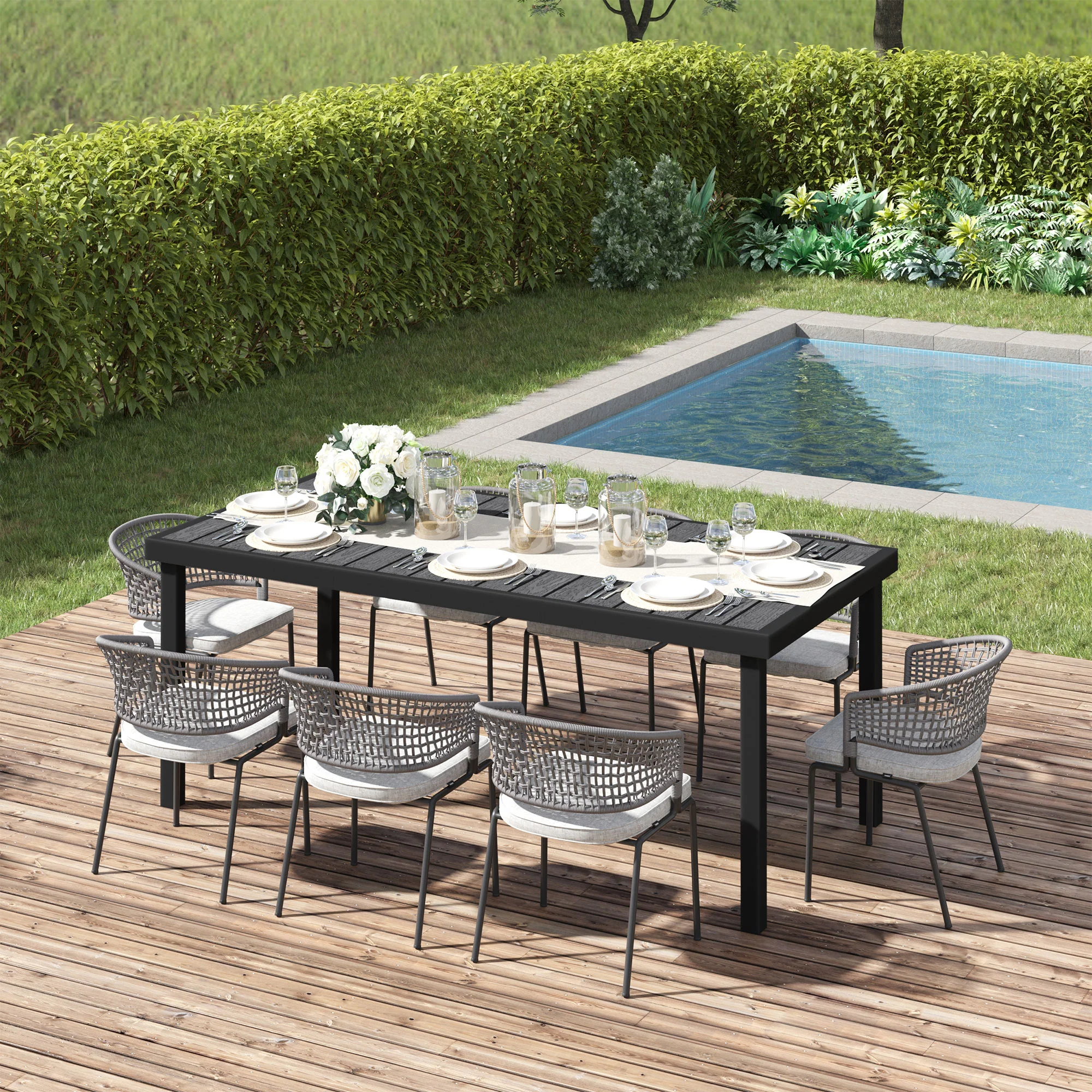 Patio Dining Table for 8, Rectangular Aluminum Outdoor Table for Garden Lawn, Black - Image 4