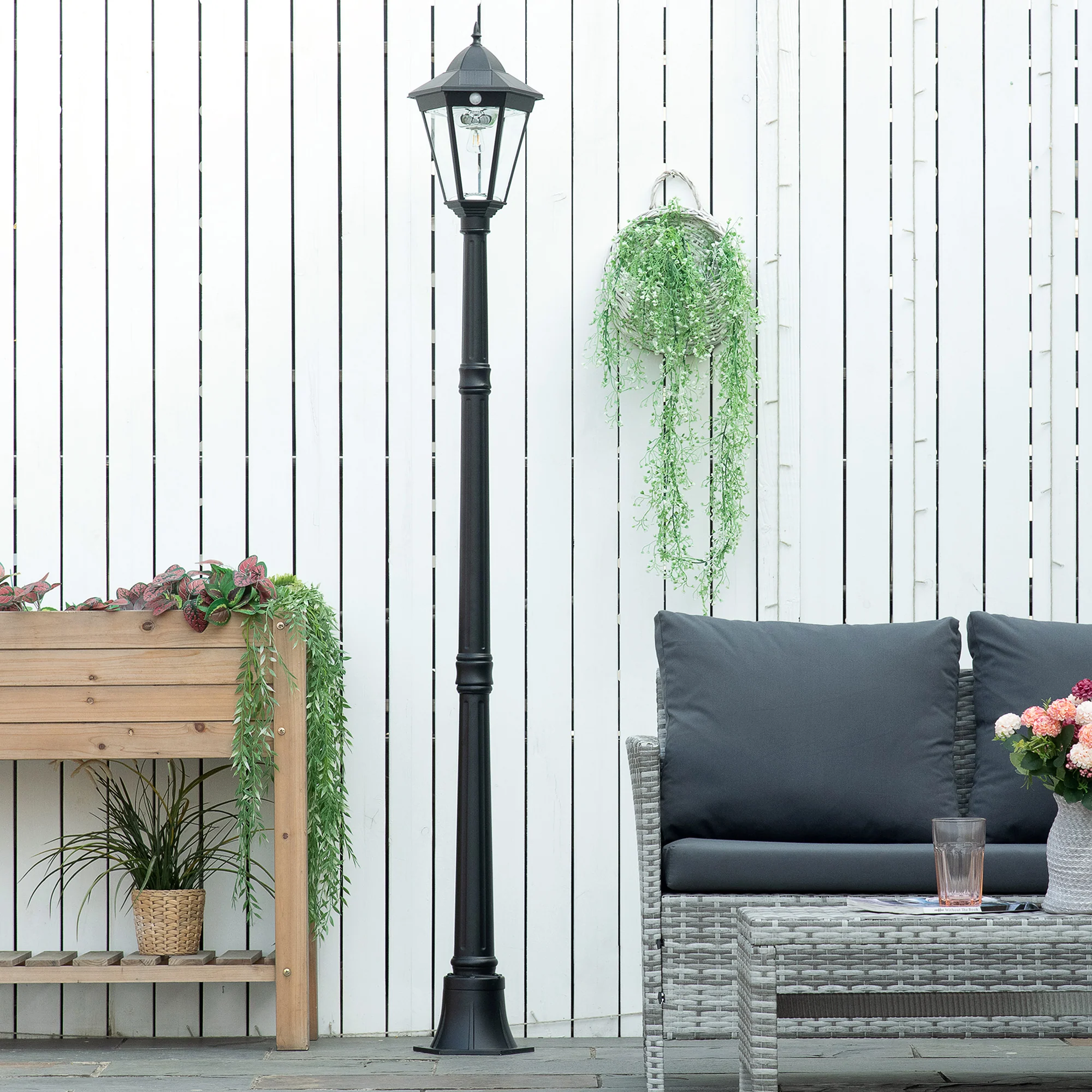 77" Aluminum Solar Lamp Post Light w/ Motion Sensor PIR & Adjustable Brightness, Black - Image 10