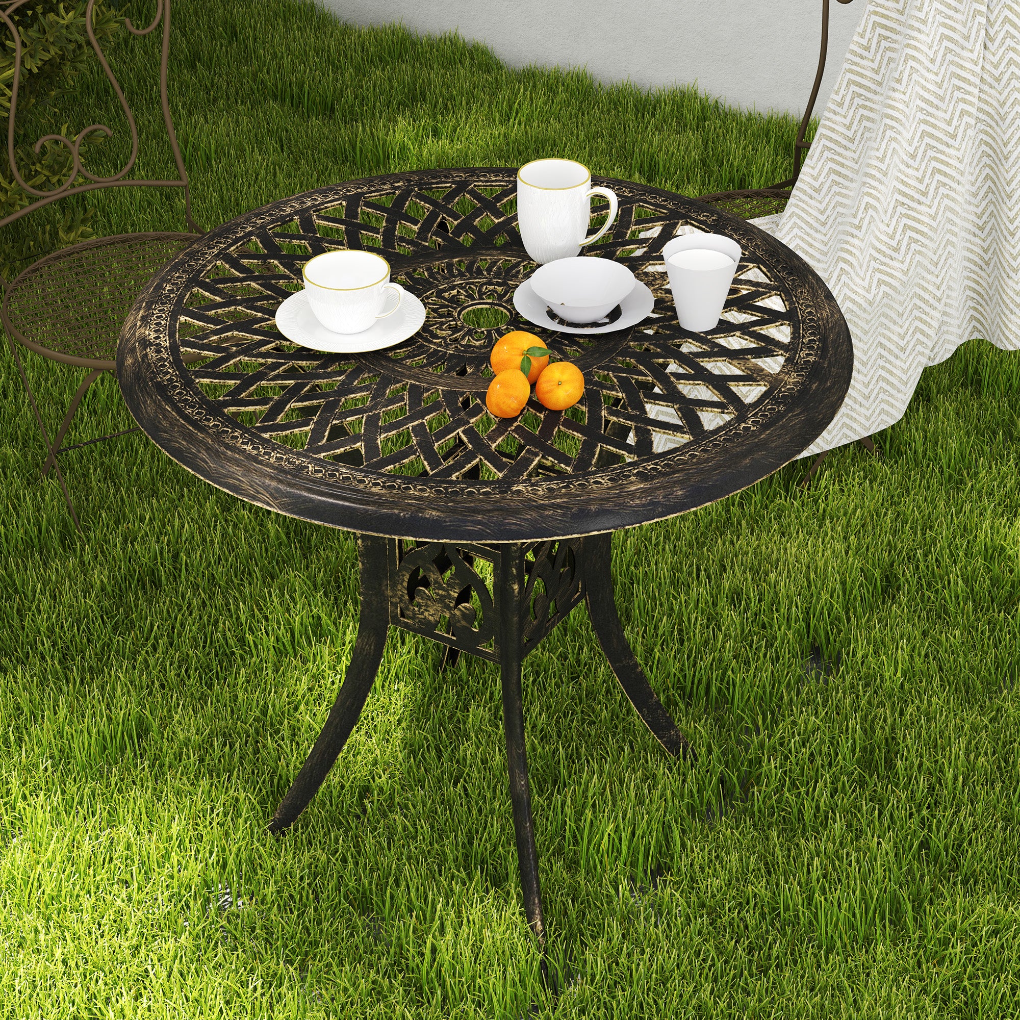 78 cm Round Garden Dining Table with Parasol Hole Antique Cast Aluminium Outdoor Table Only, Bronze Tone - Image 10