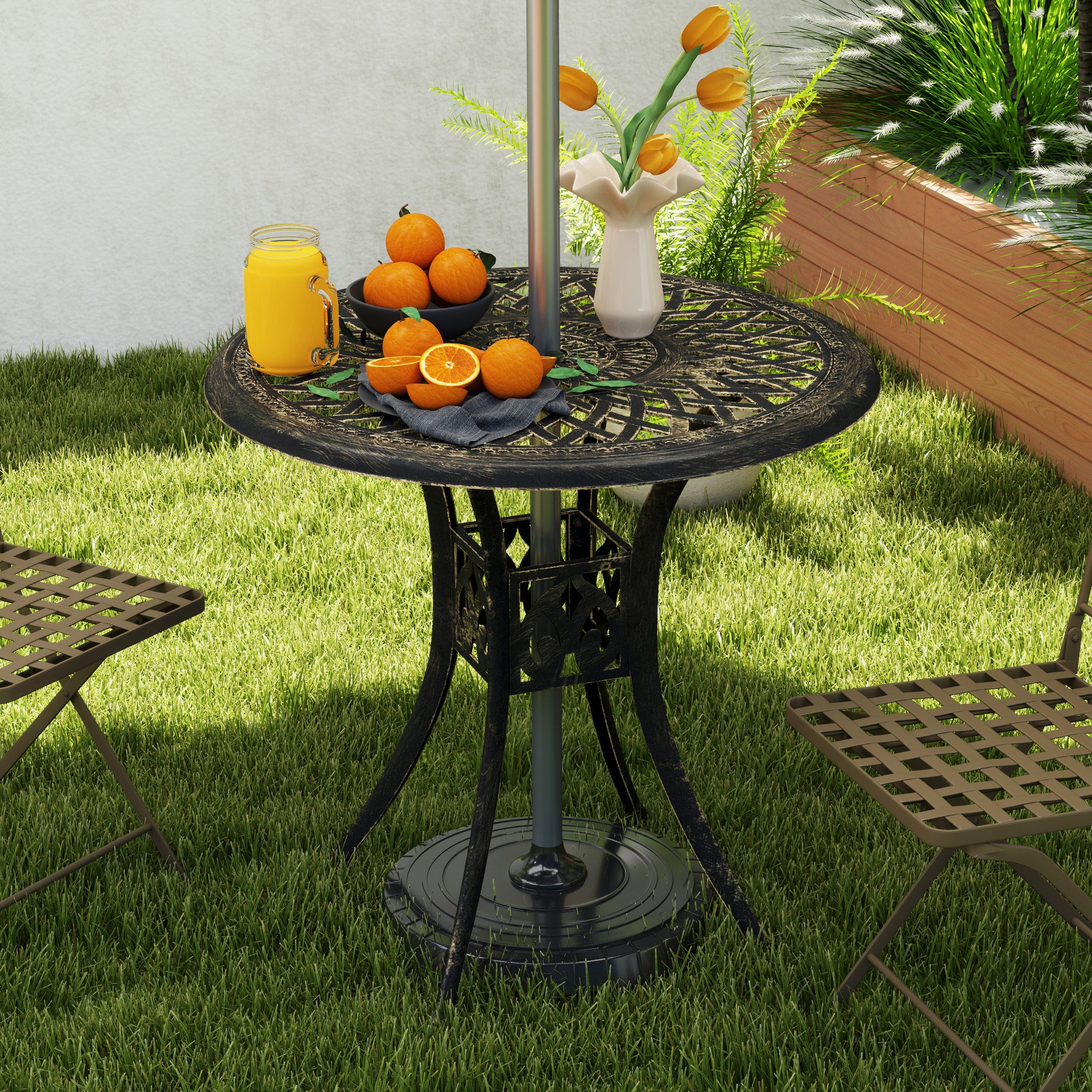 78 cm Round Garden Dining Table with Parasol Hole Antique Cast Aluminium Outdoor Table Only, Bronze Tone - Image 4