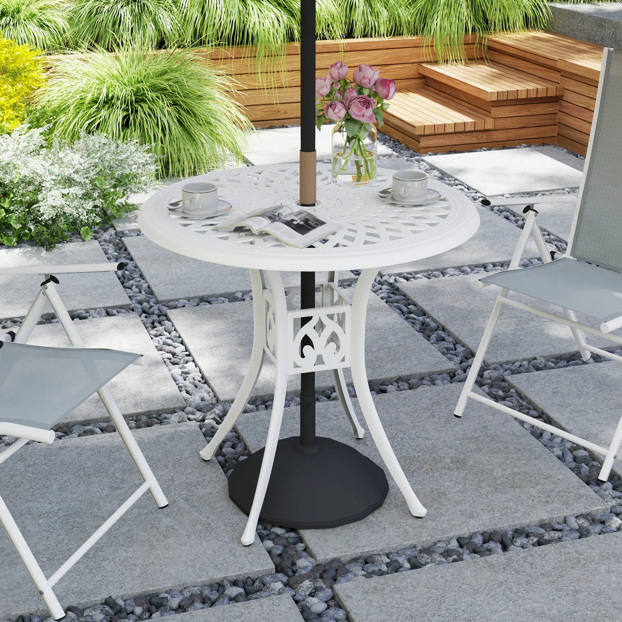 78 cm Round Garden Dining Table with Parasol Hole Antique Cast Aluminium Outdoor Table Only, White - Image 3