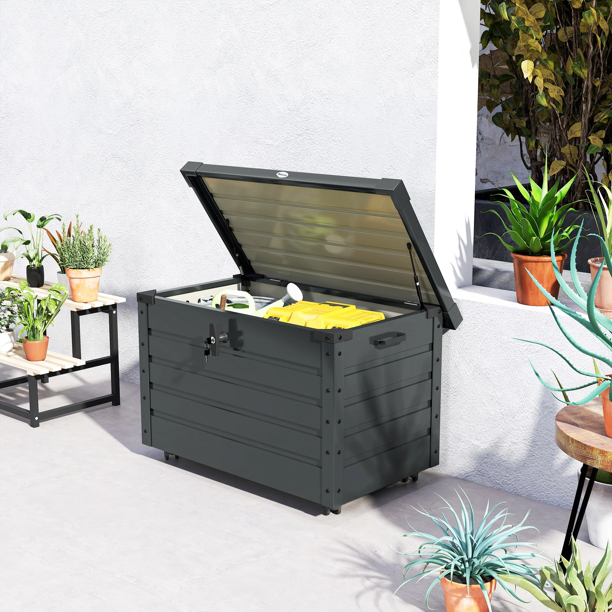 78 Gallon Garden Storage Box, Waterproof Outdoor Storage Container with Wheels and Handles, Dark Grey - Image 10