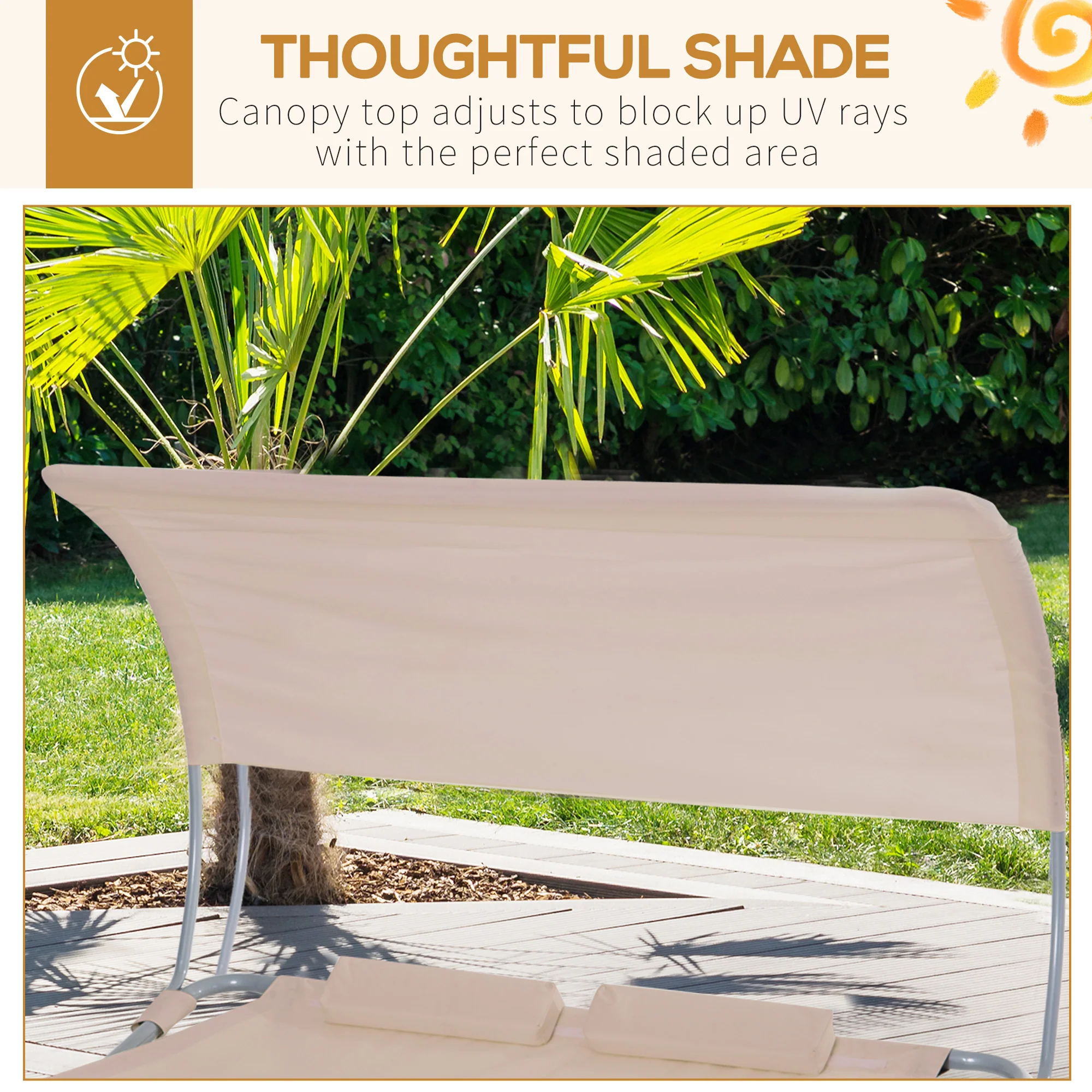 79" Outdoor Double Chaise Lounge Chair with Canopy, Pillow & Wheels for Garden, Sand - Image 6