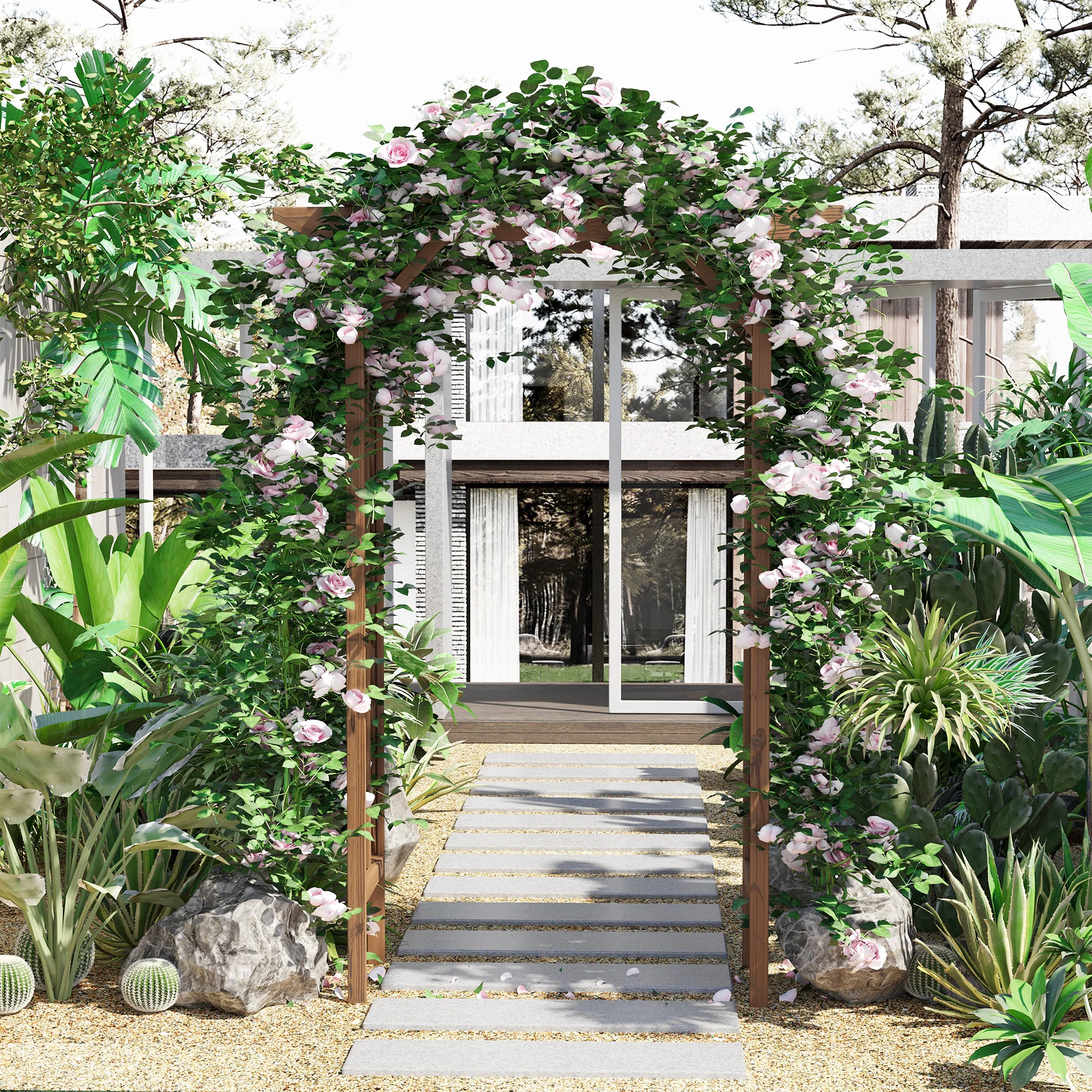 79" Wooden Garden Trellis with Arched Pergola Roof Design for Climbing Vines - Image 3