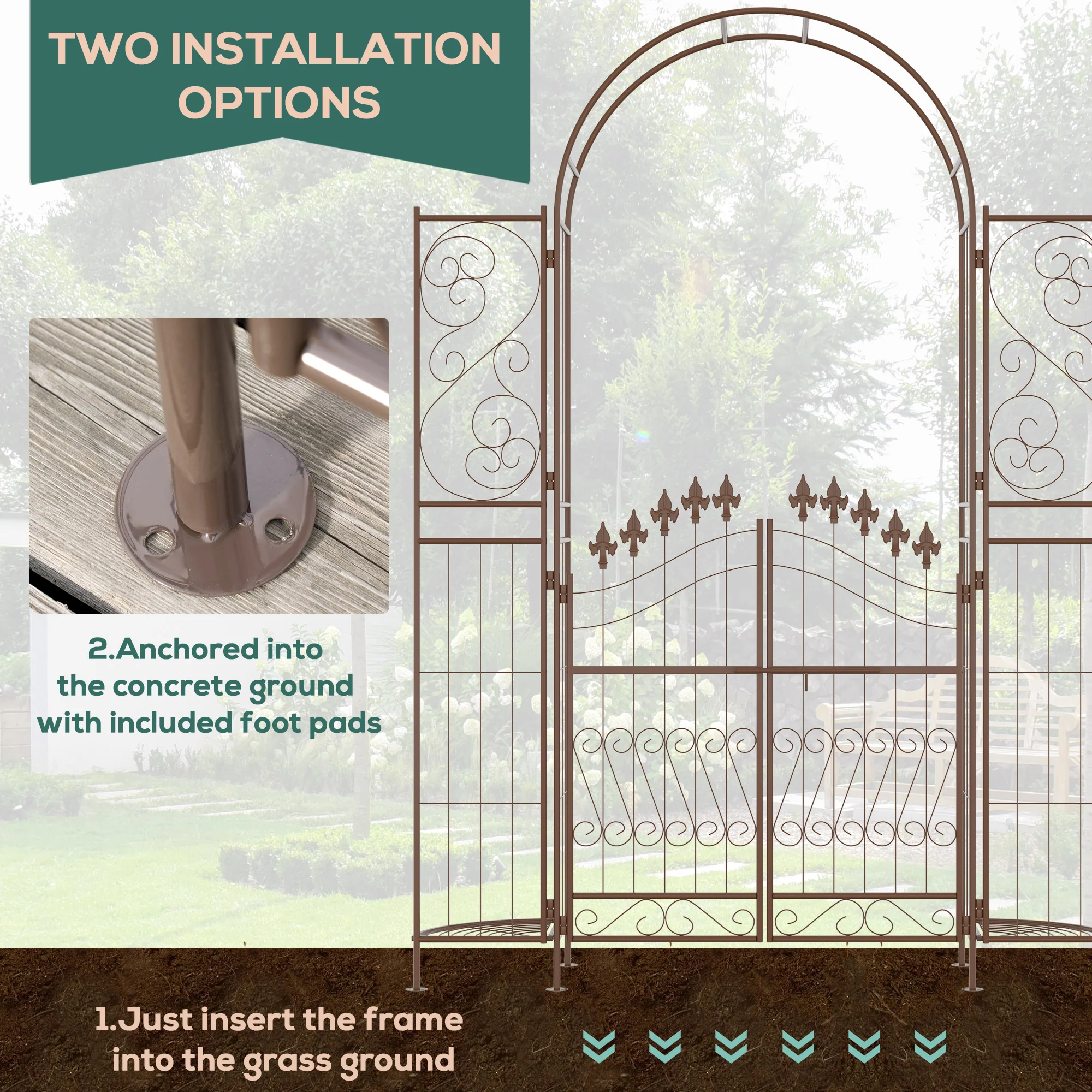 7ft Metal Garden Arch with Gate for Climbing Plants, Ceremony D¨|cor fot Garden, Brown - Image 9