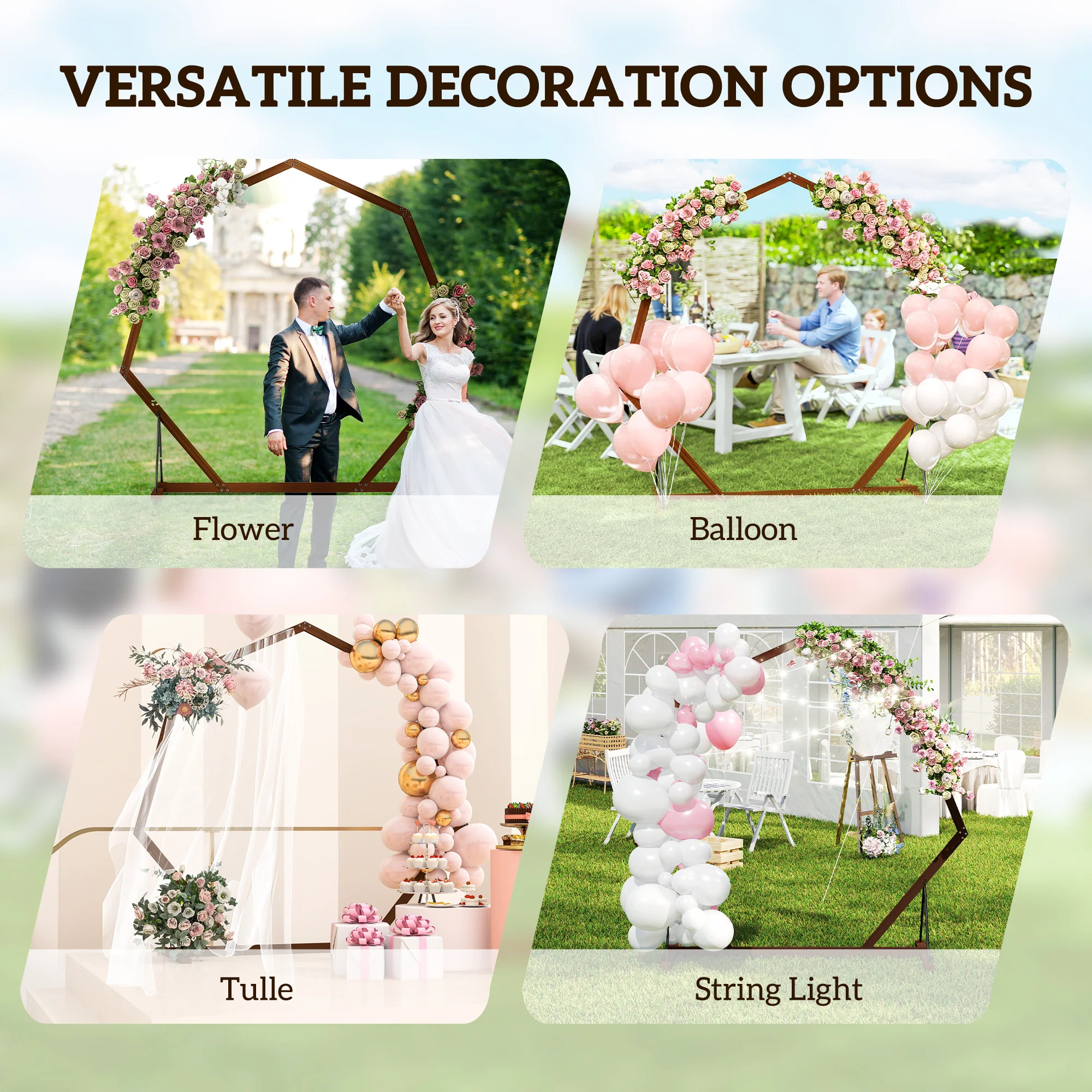 7FT Heptagon Wedding Arch for Ceremony, Arch Backdrop Stand with Triangular Base, Brown - Image 9