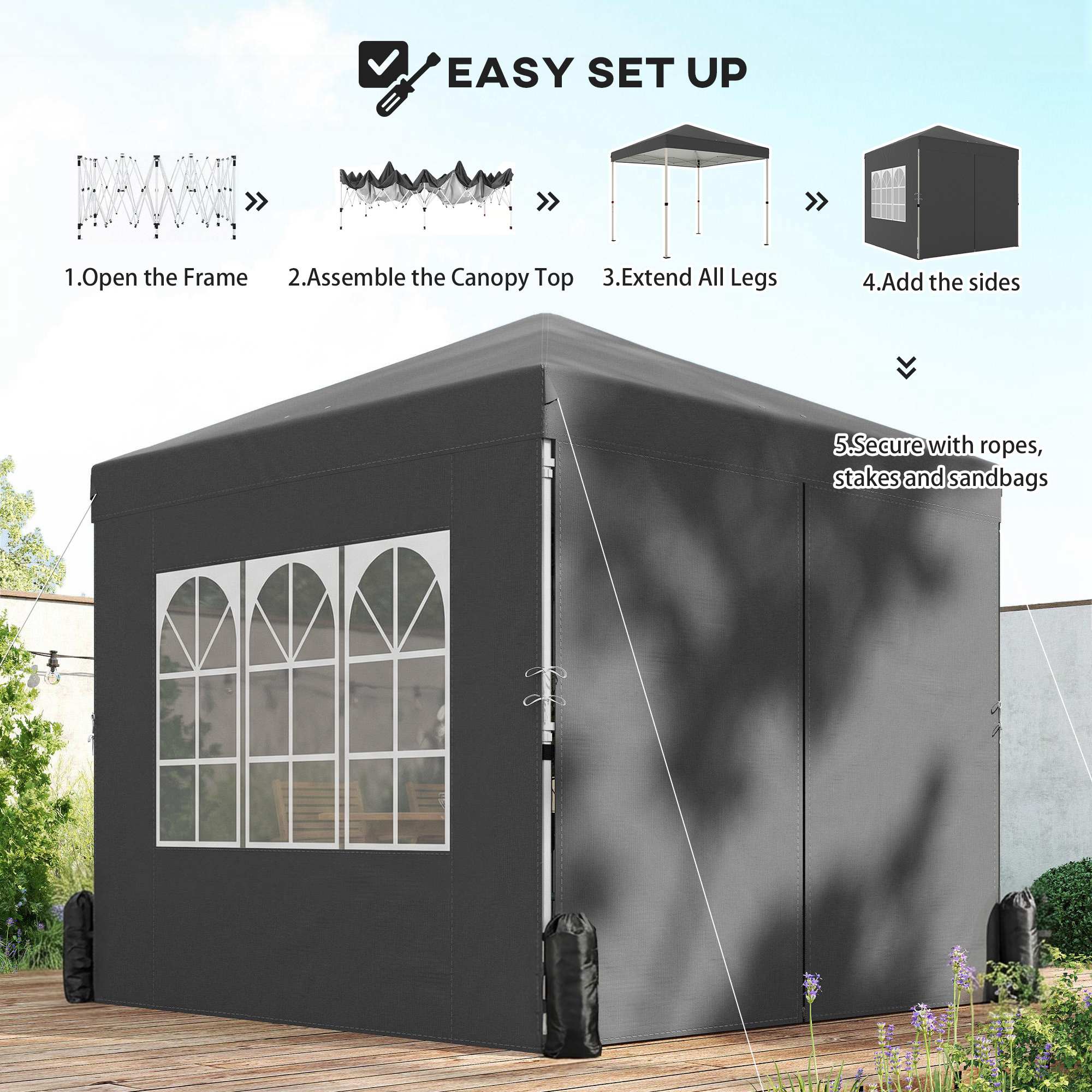 8.2 x 8.2 ft Pop Up Canopy Tent with 4 Sidewalls, UPF 50+ Outdoor Instant Canopy with 4 Sandbags, Carry Bag, Dark Grey - Image 9