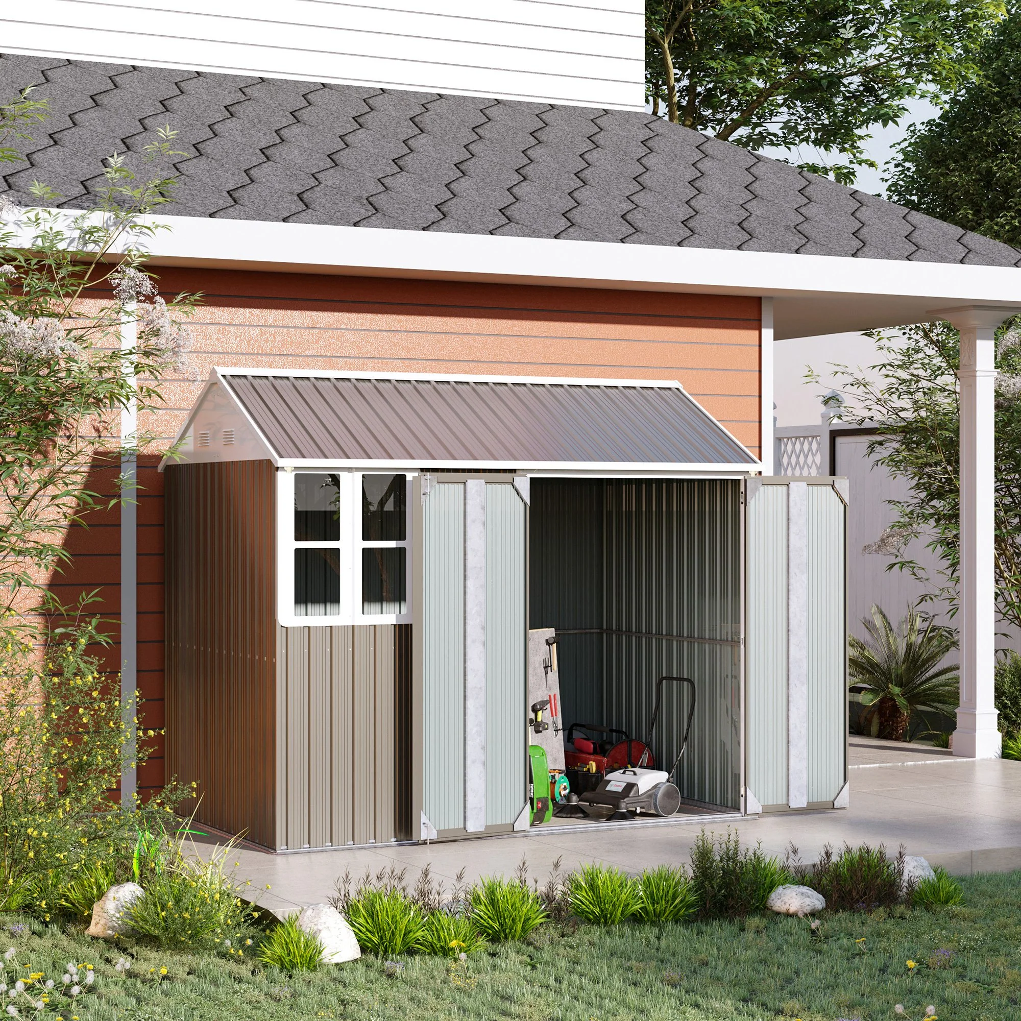 8.5' x 5.5' Metal Garden Storage Shed with Lockable Door & Window, Light Grey - Image 4
