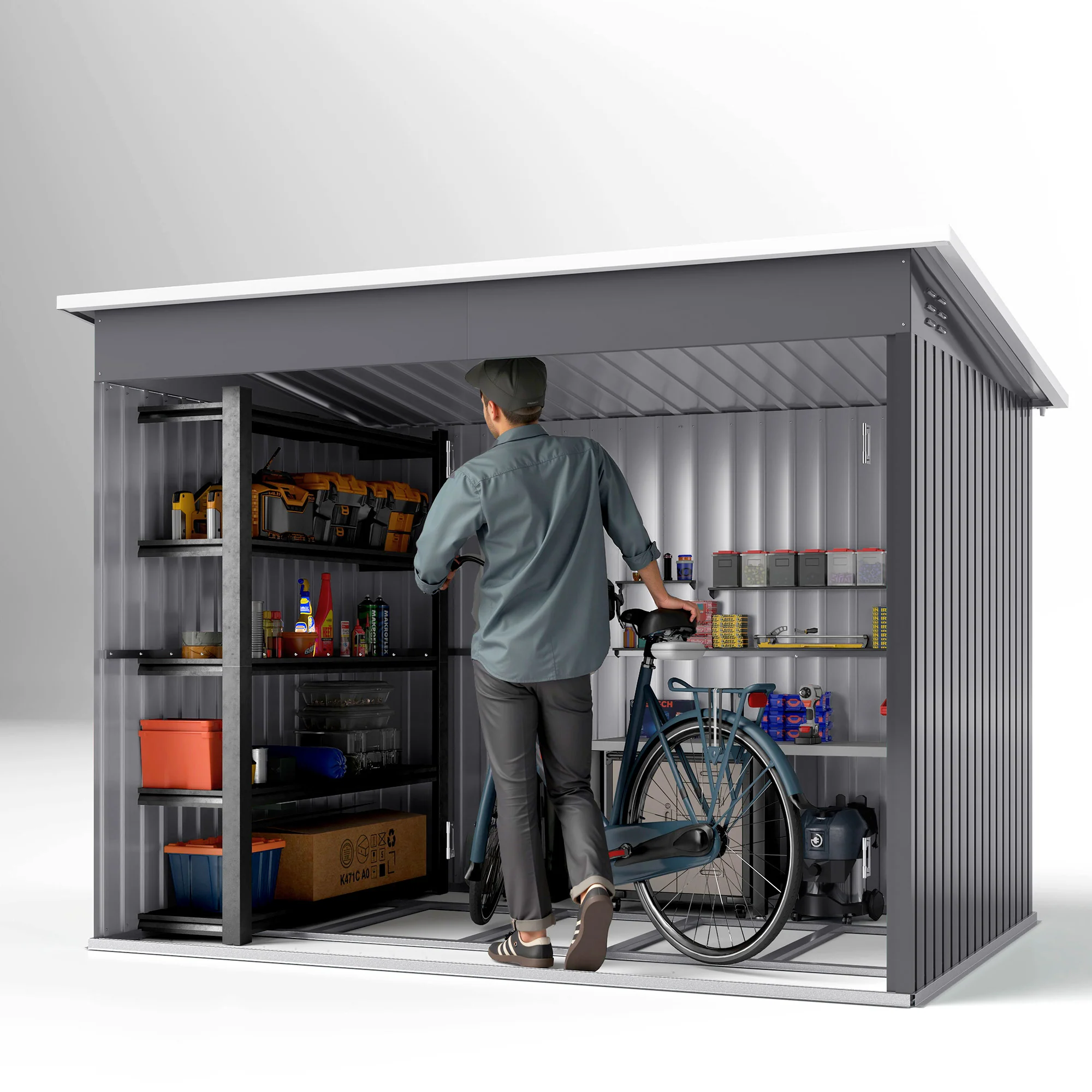 8.5 x 6ft Galvanised Steel Garden Shed with Foundation Kit, Window, Lockable Wide Doors and Air Vents, Dark Grey - Image 10