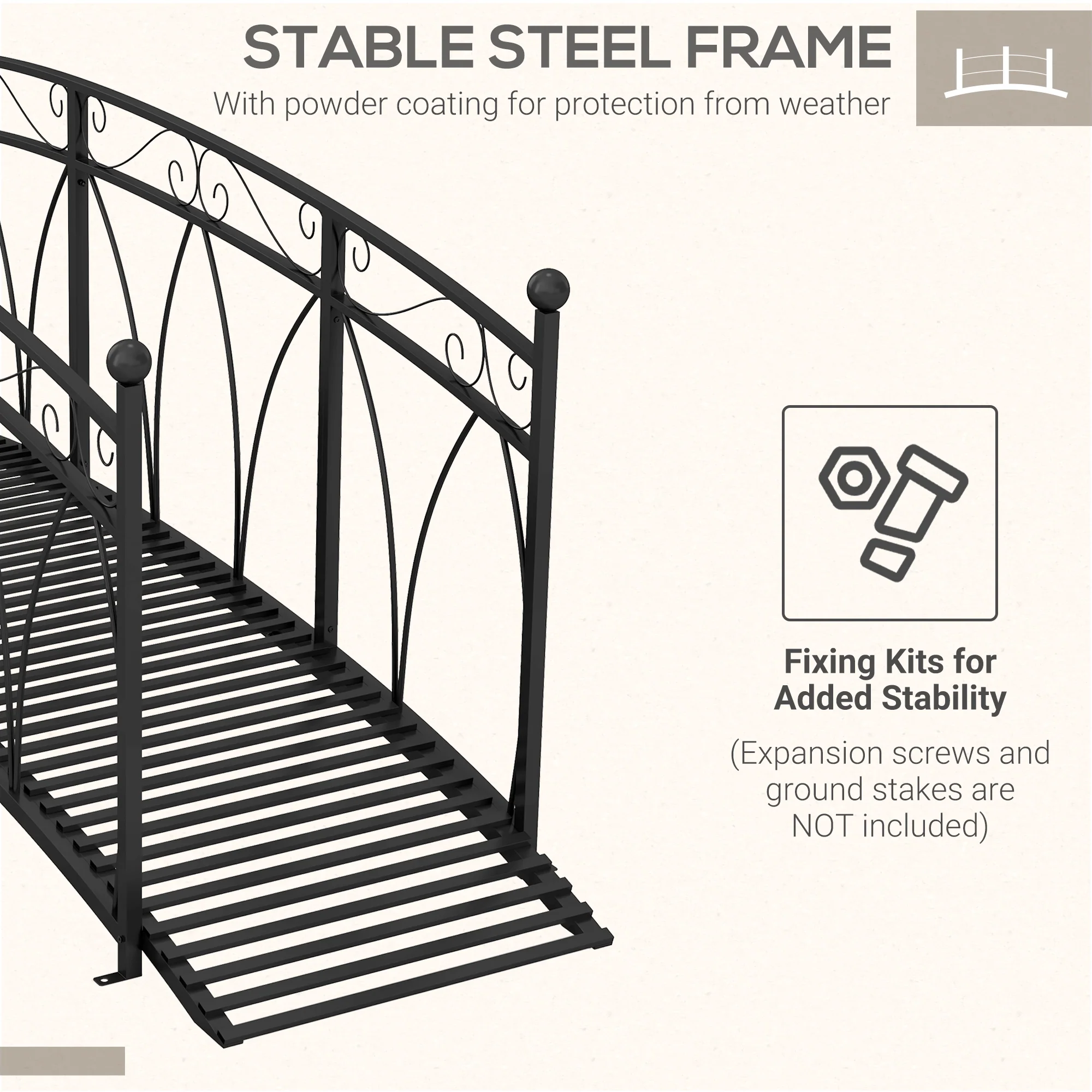 8' Metal Arch Garden Bridge with Safety Railings, Decorative Arc Footbridge with Delicate Scrollwork, Pond Bridge for Backyard Creek Stream, Black - Image 8
