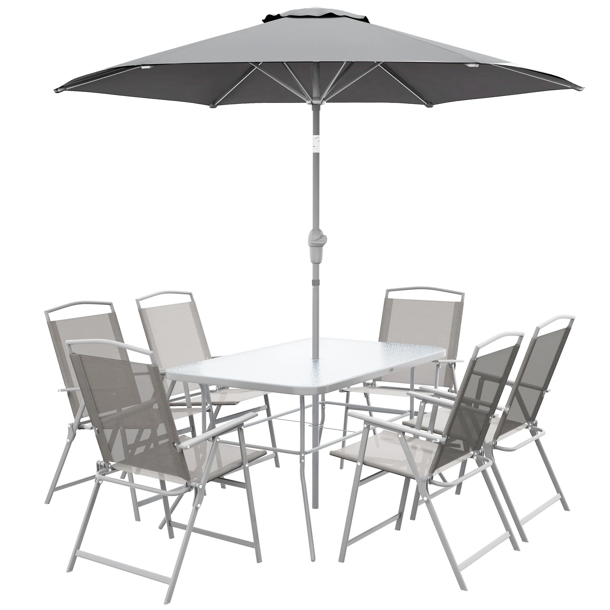 8 Piece Patio Dining Set, 6 Folding Chairs & Rectangle Dining Table w/ Umbrella, Grey - Image 2