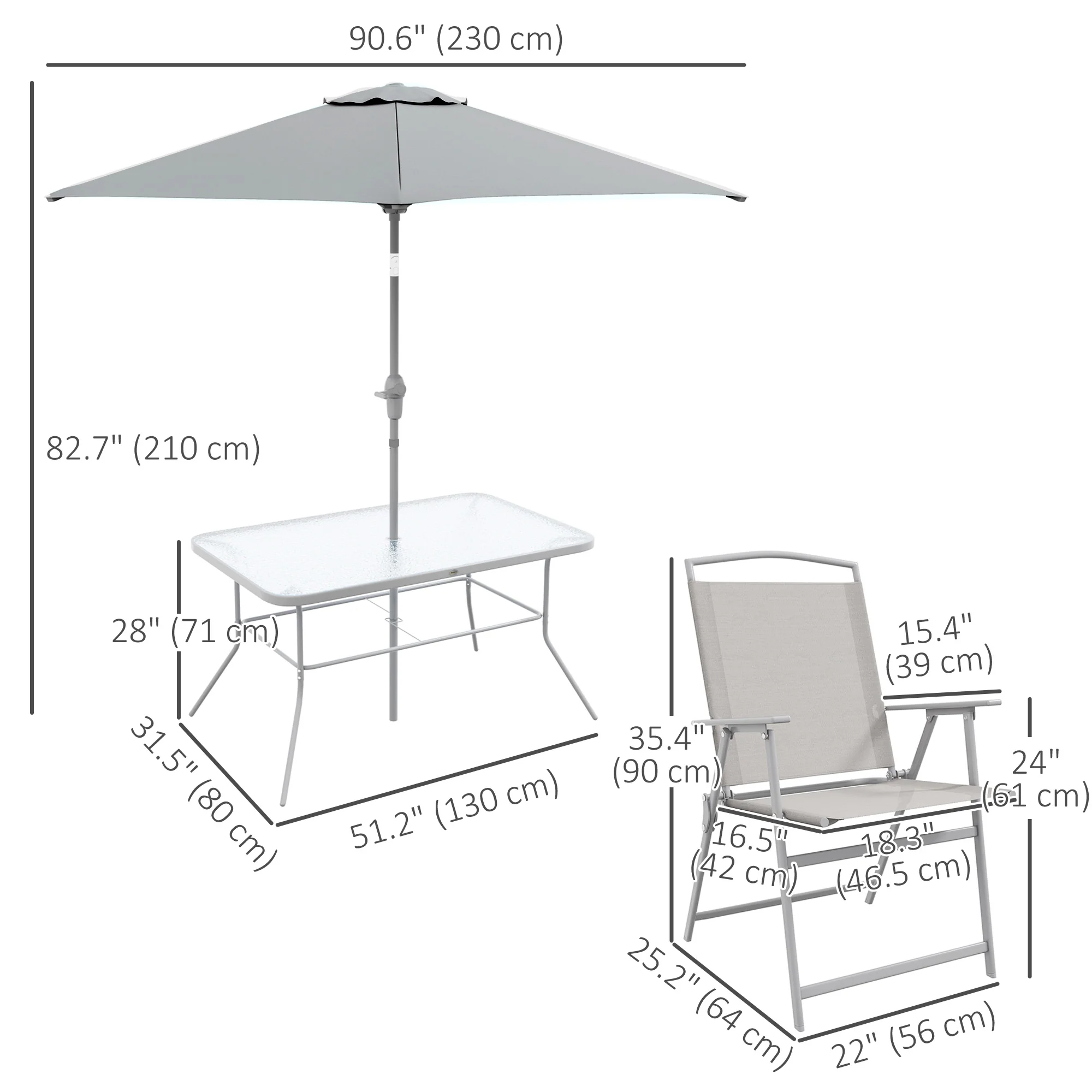 8 Piece Patio Dining Set, 6 Folding Chairs & Rectangle Dining Table w/ Umbrella, Grey - Image 5