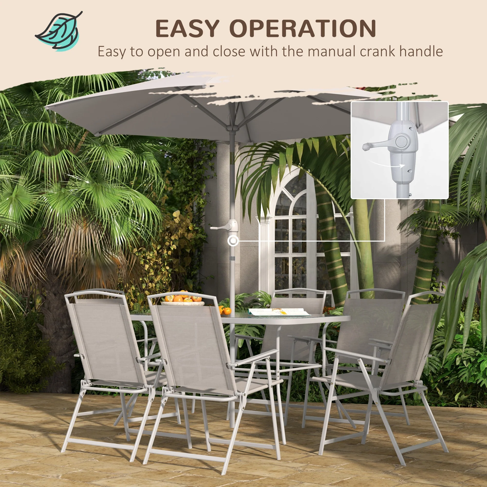 8 Piece Patio Dining Set, 6 Folding Chairs & Rectangle Dining Table w/ Umbrella, Grey - Image 9
