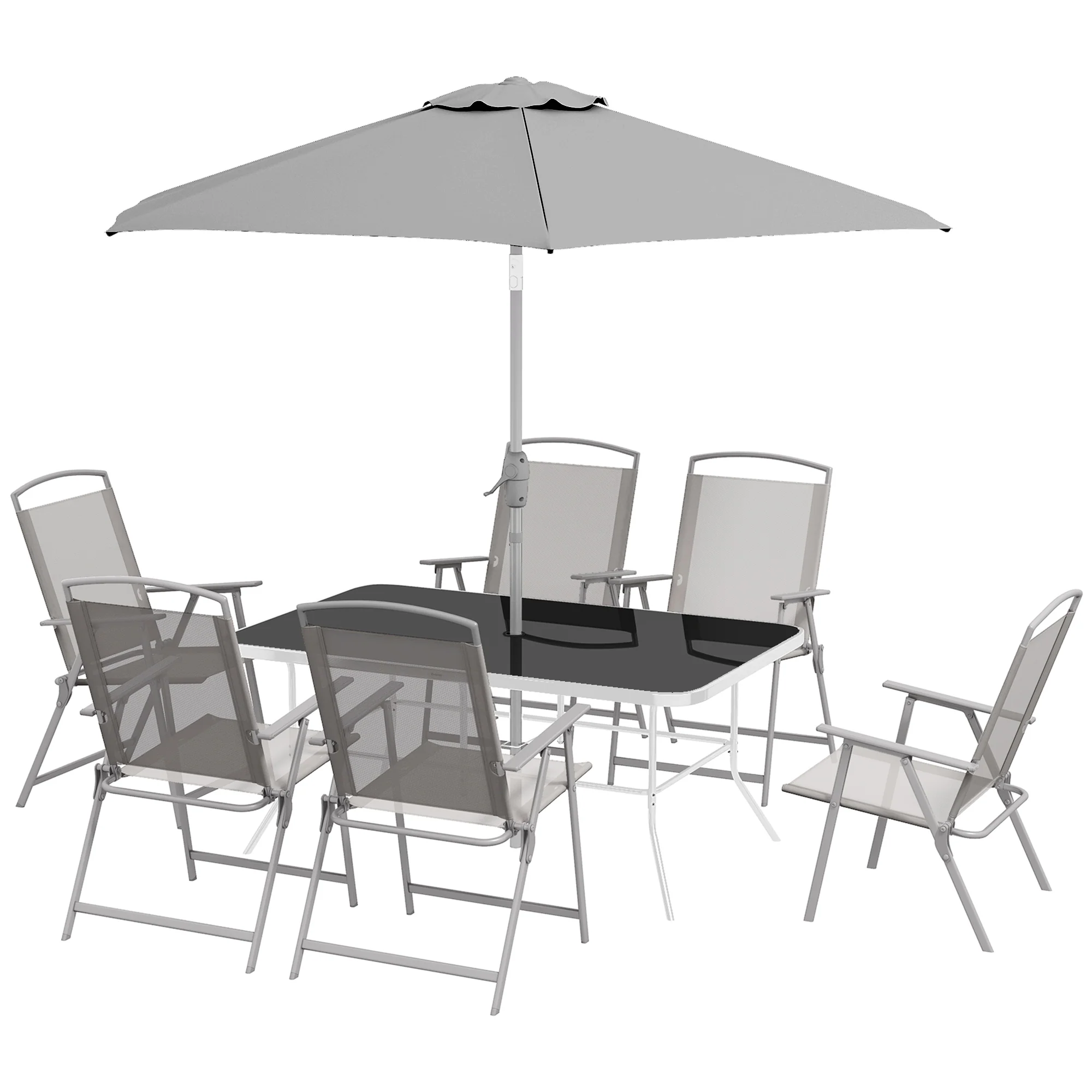 8 Piece Patio Set with Umbrella, Outdoor Dining Table & 6 Folding Chairs w/ Mesh Seat, Grey - Image 2
