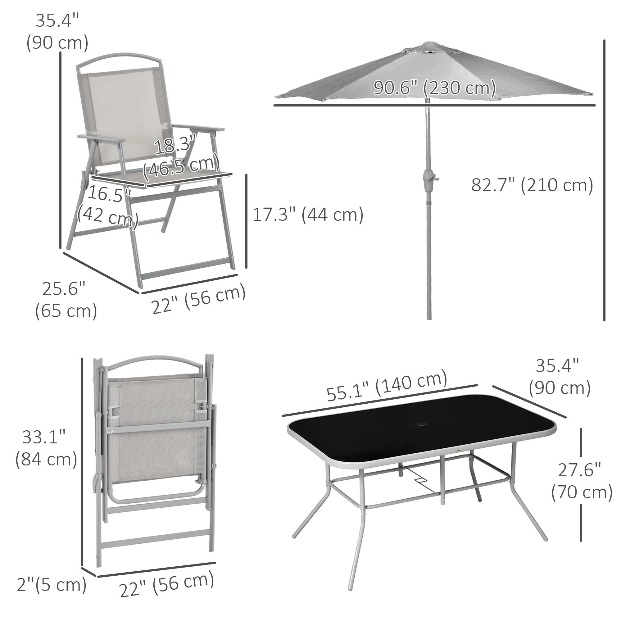 8 Piece Patio Set with Umbrella, Outdoor Dining Table & 6 Folding Chairs w/ Mesh Seat, Grey - Image 5