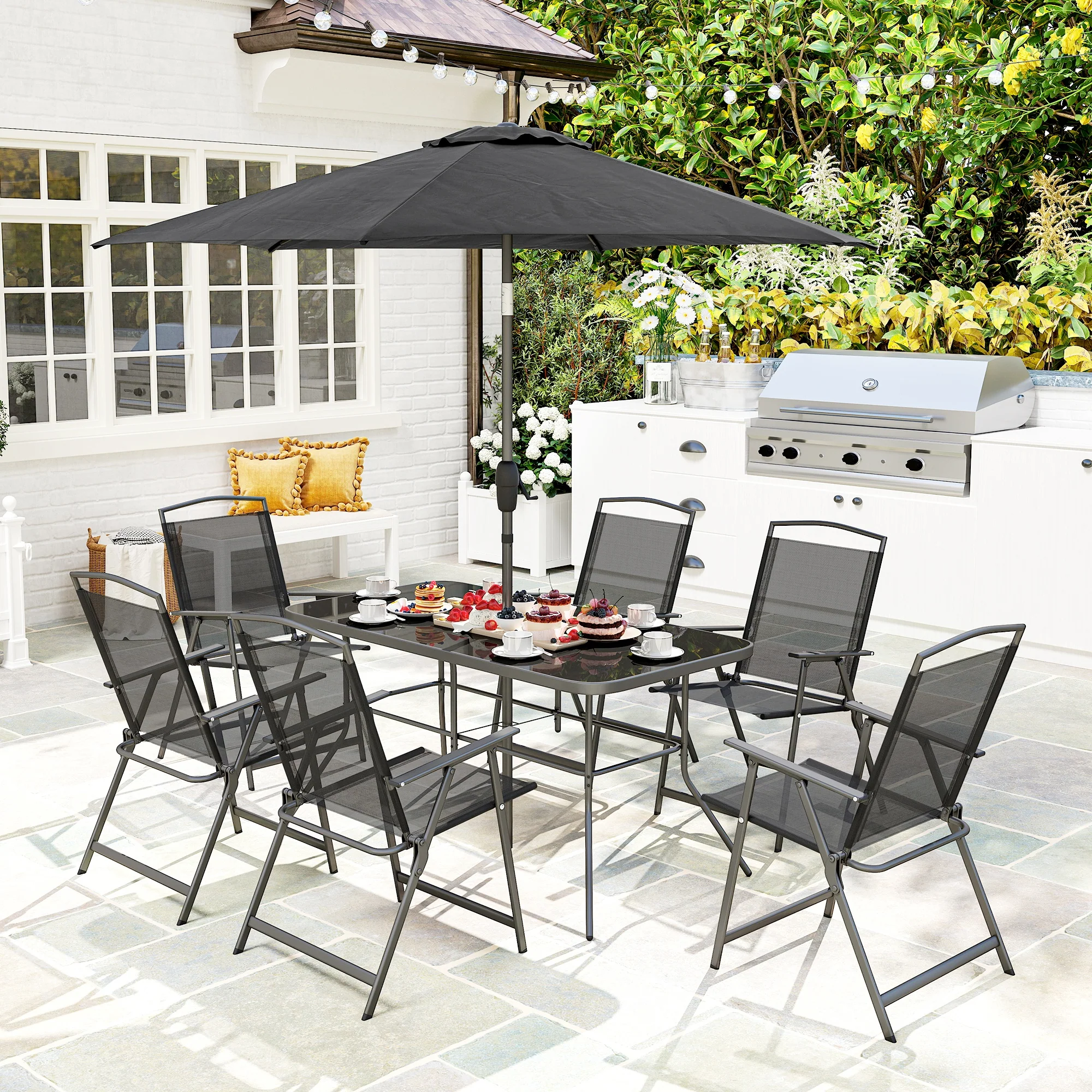 8 Piece Patio Dining Set with Table Umbrella, 6 Folding Chairs and Rectangle Dining Table, Outdoor Patio Furniture Set, Black - Image 3