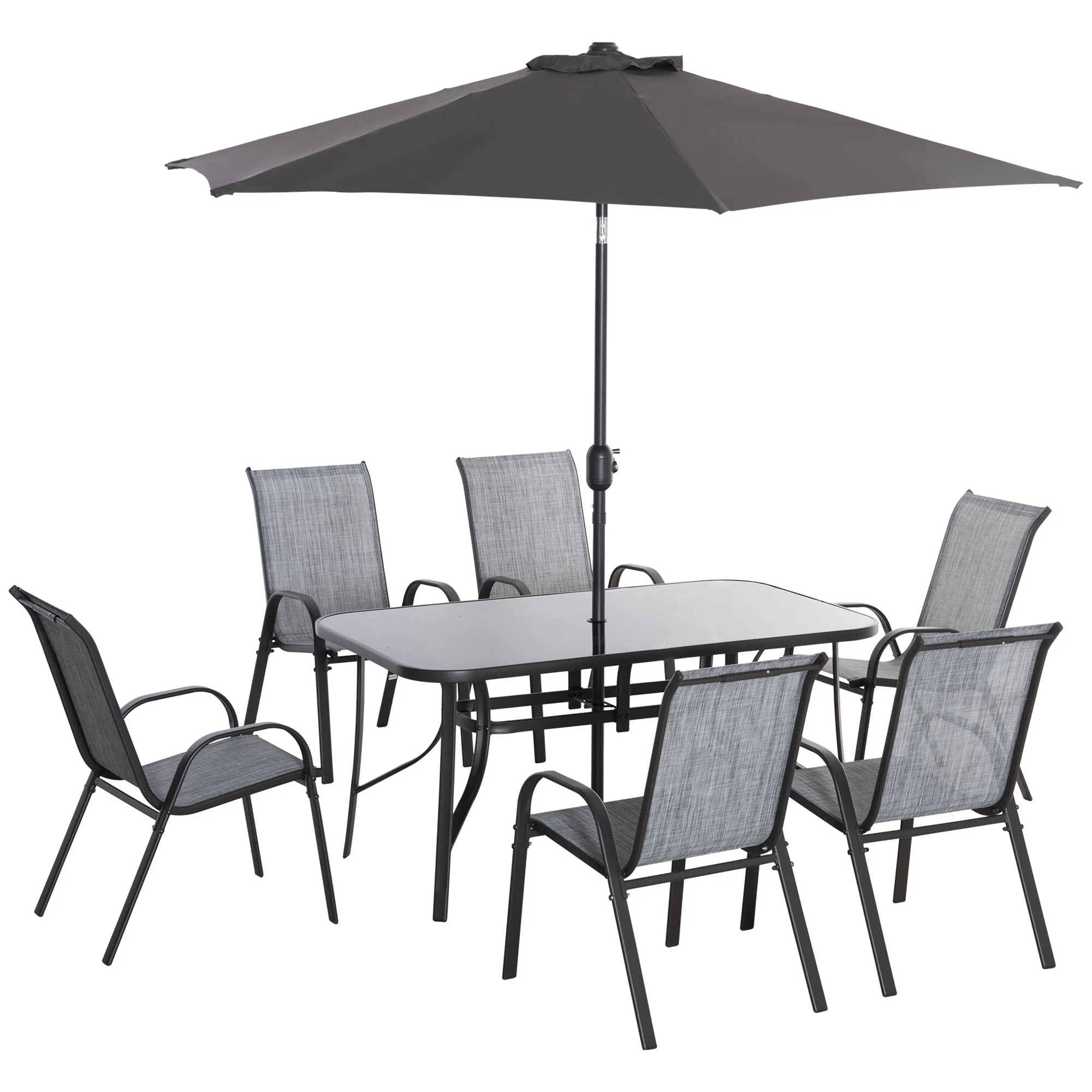 8 Pieces Patio Dining Set with Umbrella, Aluminum Frame Outdoor Table & 6 , Grey