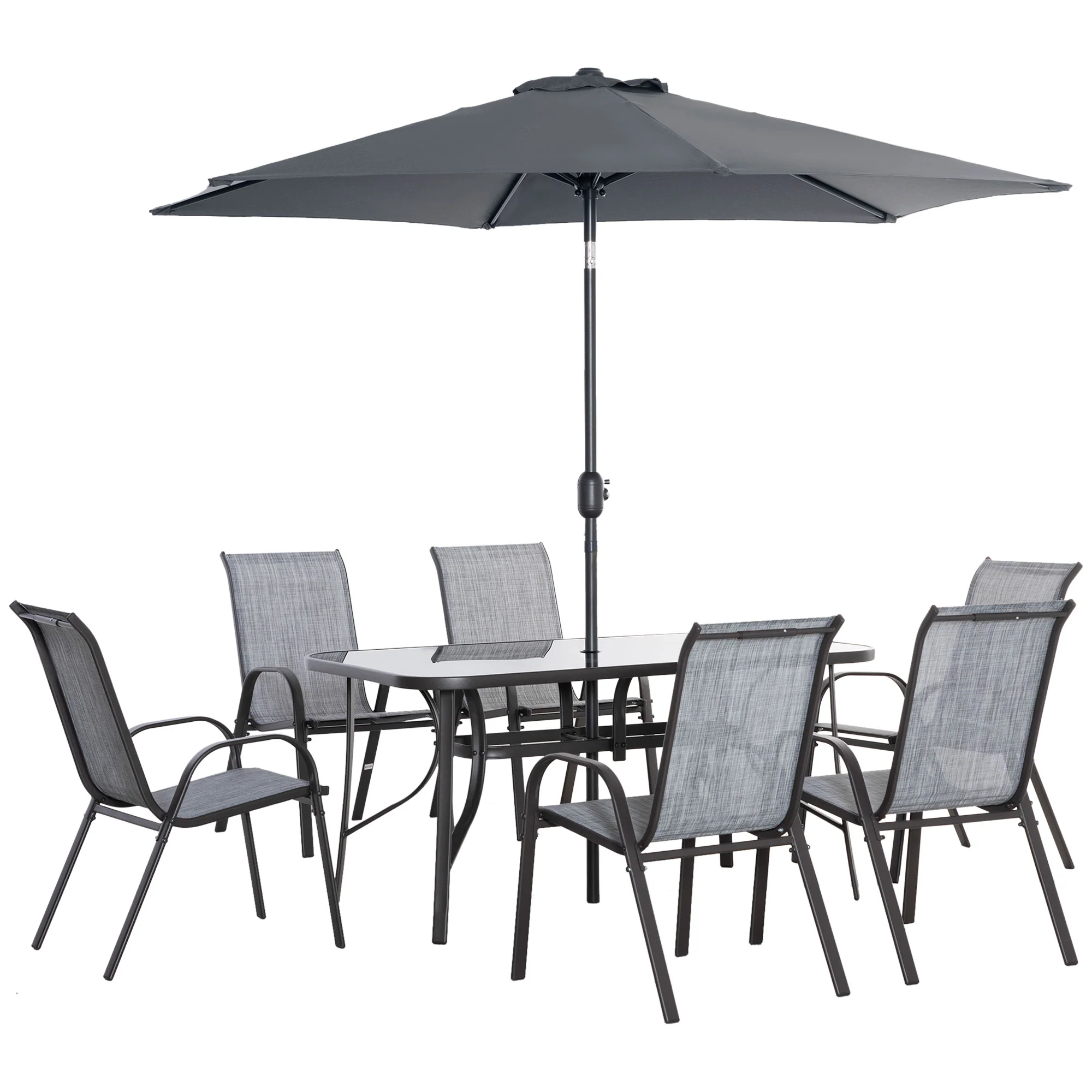 8 Pieces Patio Dining Set with Umbrella, Aluminum Frame Outdoor Table & 6 , Grey - Image 2