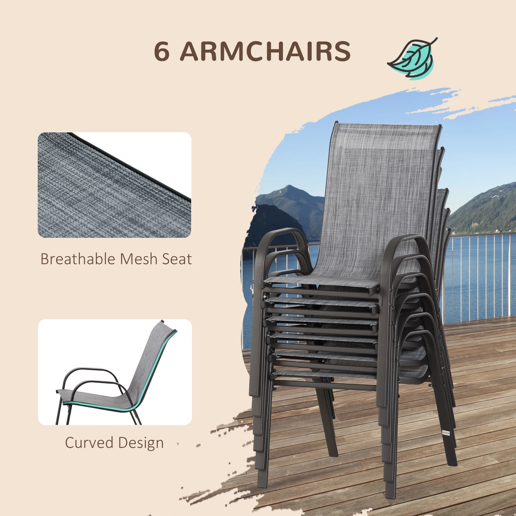 8 Pieces Patio Dining Set with Umbrella, Aluminum Frame Outdoor Table & 6 , Grey - Image 8