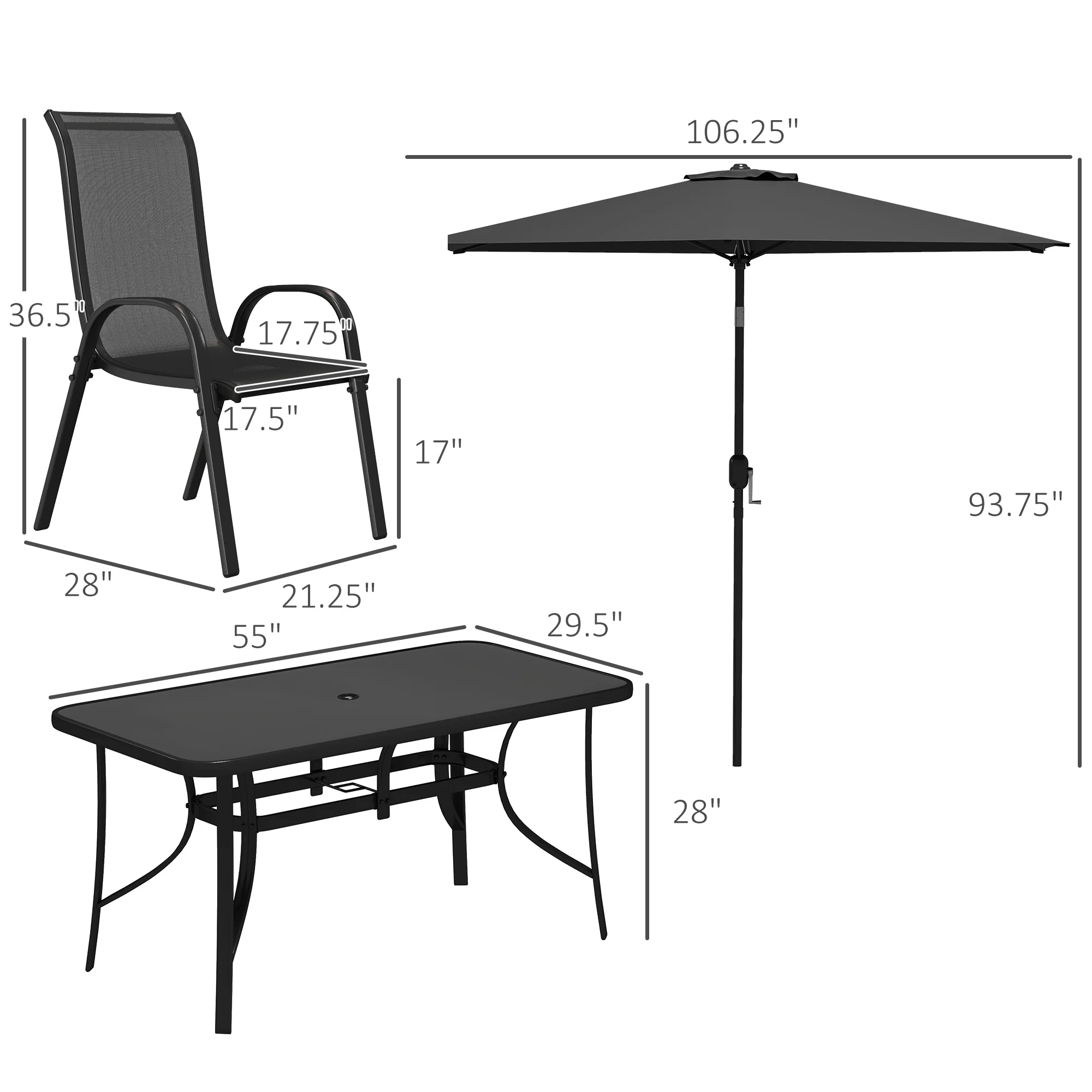 8 Pieces Patio Table and Chairs Set with 9 Ft Patio Umbrella, Outdoor Dining Set with 4.6 Ft Dining Table and 6 Chairs, Push Button Tilt and Crank Parasol, Tempered Glass Top, Black - Image 5