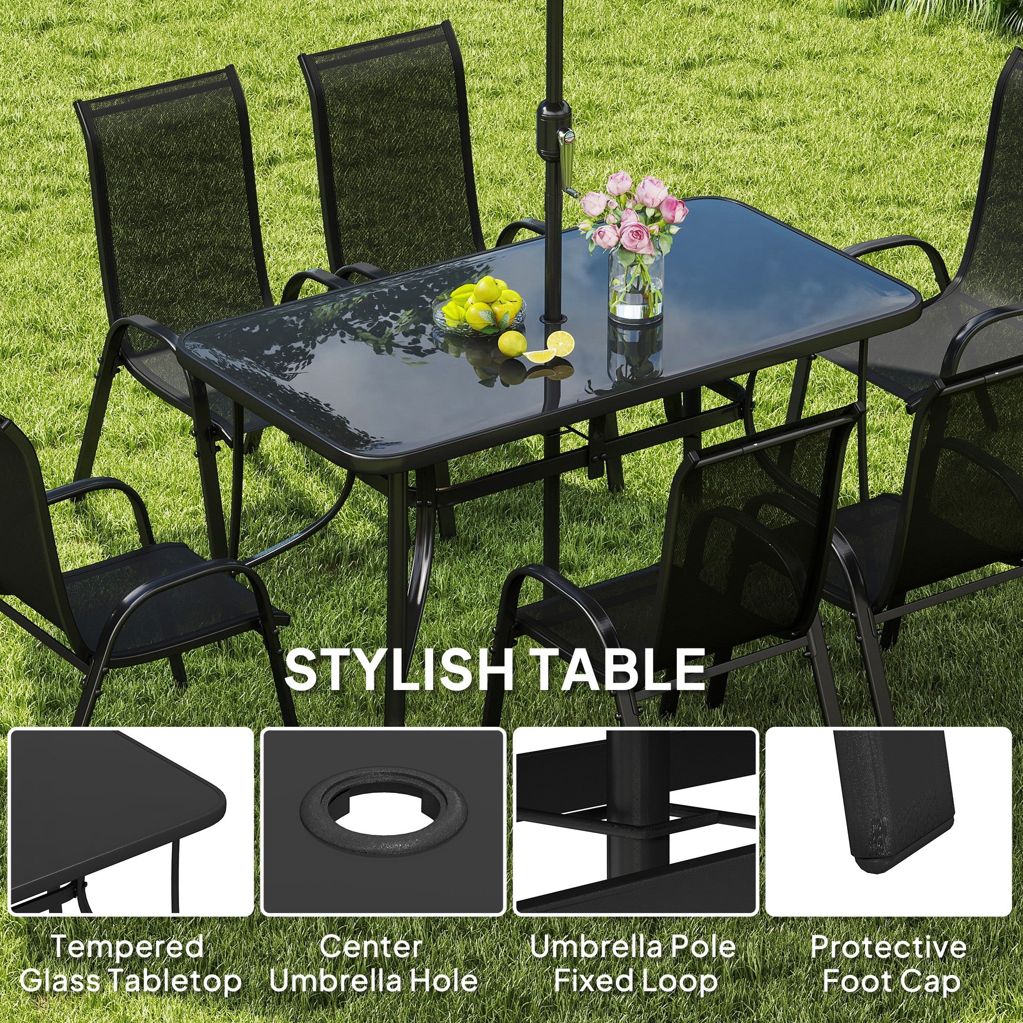 8 Pieces Patio Table and Chairs Set with 9 Ft Patio Umbrella, Outdoor Dining Set with 4.6 Ft Dining Table and 6 Chairs, Push Button Tilt and Crank Parasol, Tempered Glass Top, Black - Image 6