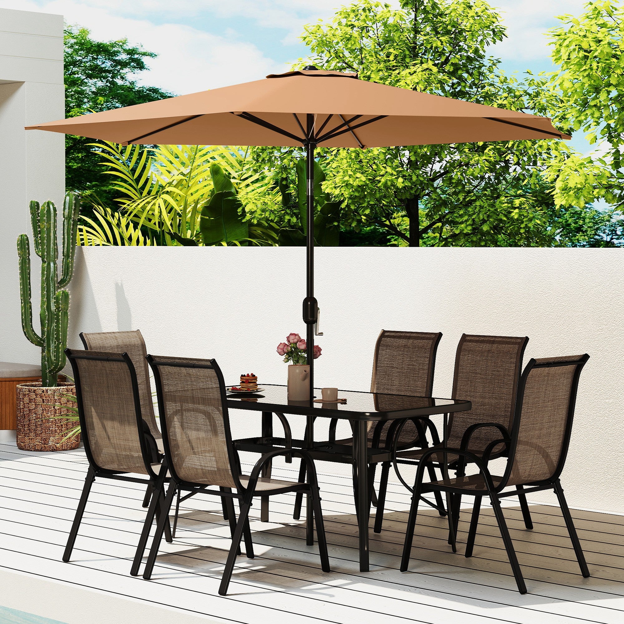 8 Pieces Patio Table and Chairs Set with 9 Ft Patio Umbrella, Outdoor Dining Set with 4.6 Ft Dining Table and 6 Chairs, Push Button Tilt and Crank Parasol, Tempered Glass Top, Mixed Brown - Image 4
