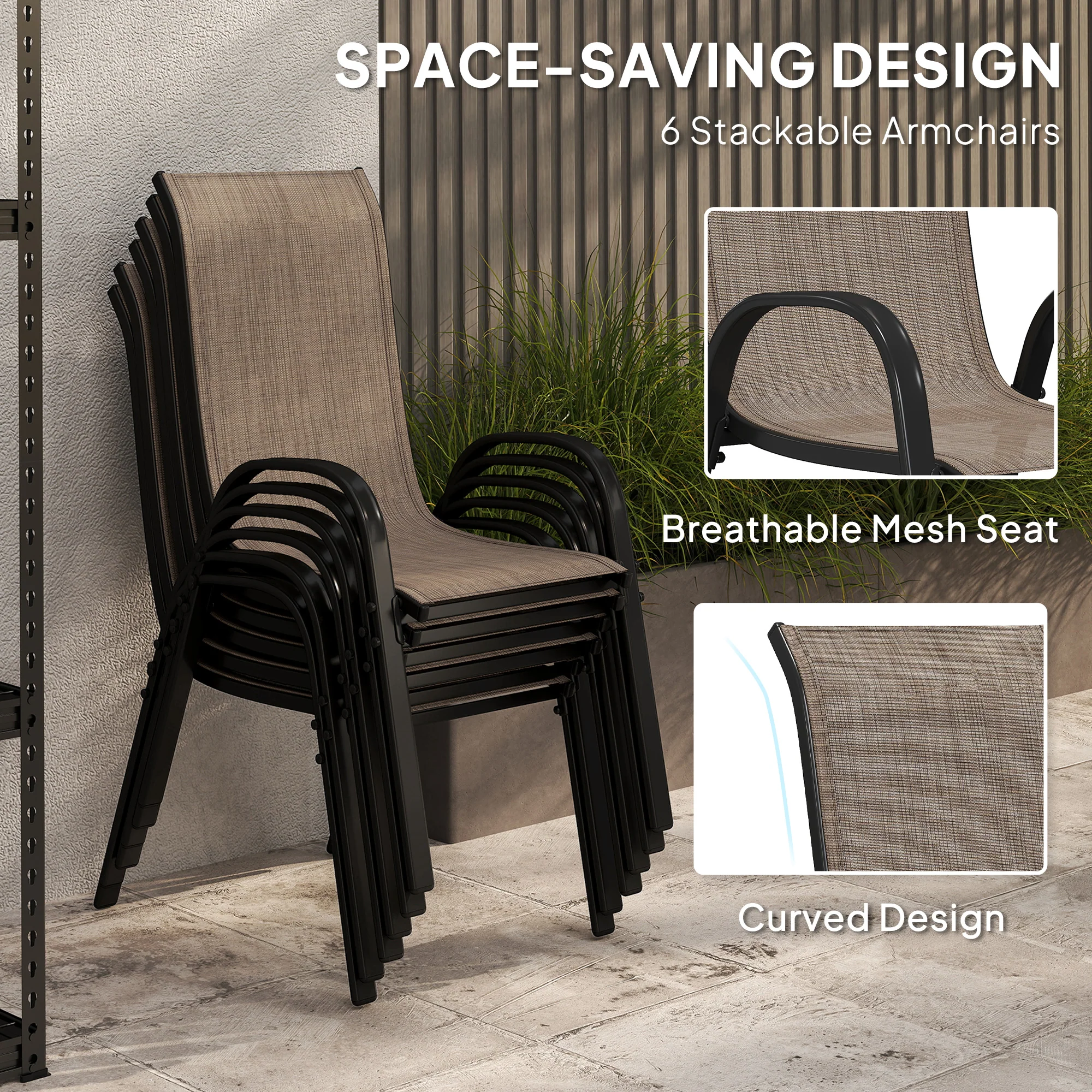 8 Pieces Patio Table and Chairs Set with 9 Ft Patio Umbrella, Outdoor Dining Set with 4.6 Ft Dining Table and 6 Chairs, Push Button Tilt and Crank Parasol, Tempered Glass Top, Mixed Brown - Image 8
