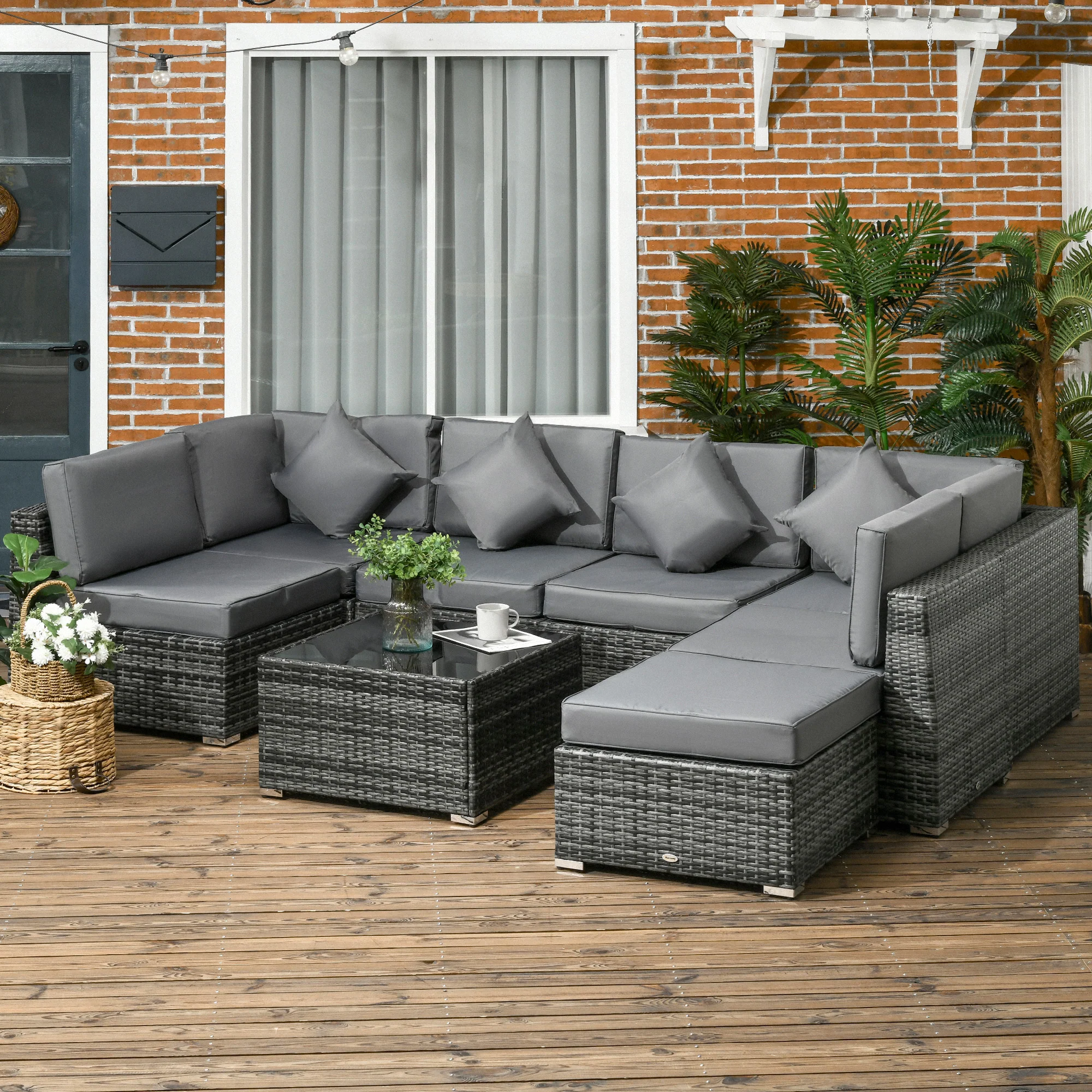 8 Pieces PE Rattan Corner Sofa Set with Cushion, Pillows & Tempered Glass Table, Grey - Image 3