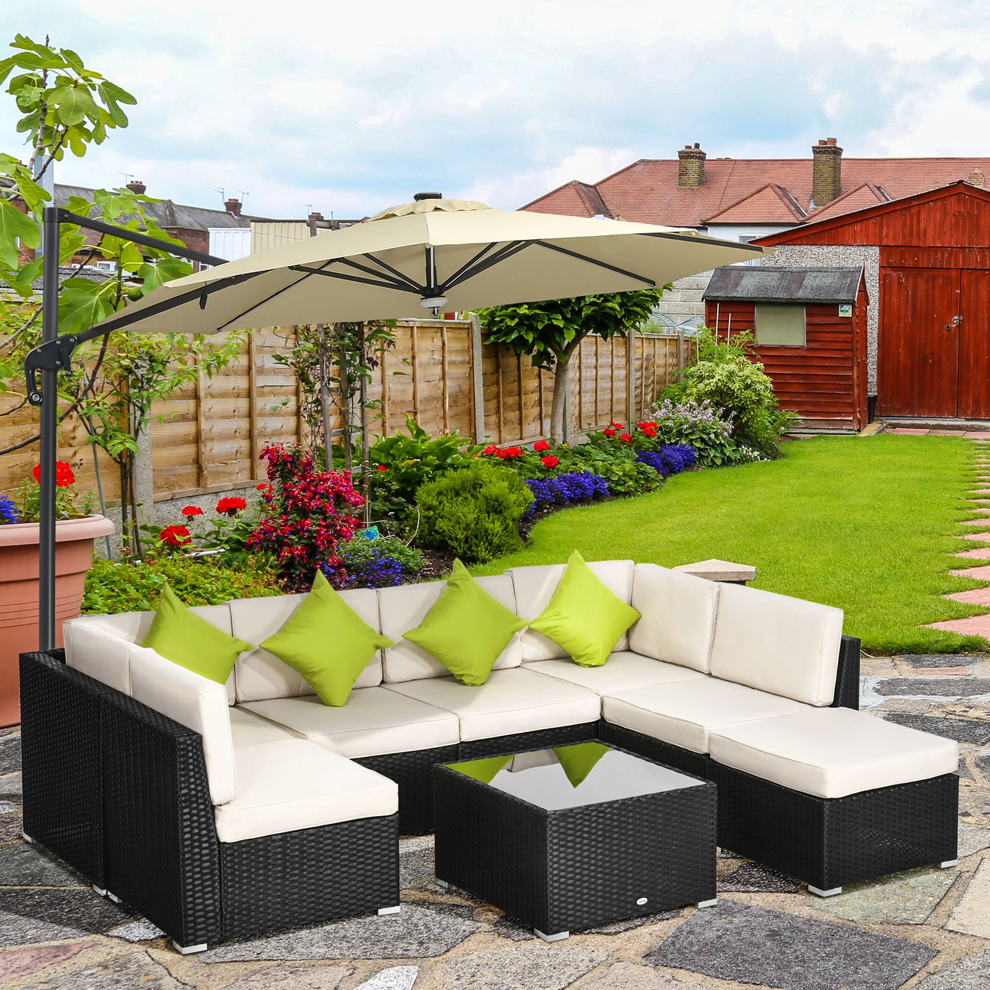 8 Pieces PE Rattan Corner Sofa Set with Cushion, Pillows & Tempered Glass Table, Black - Image 4
