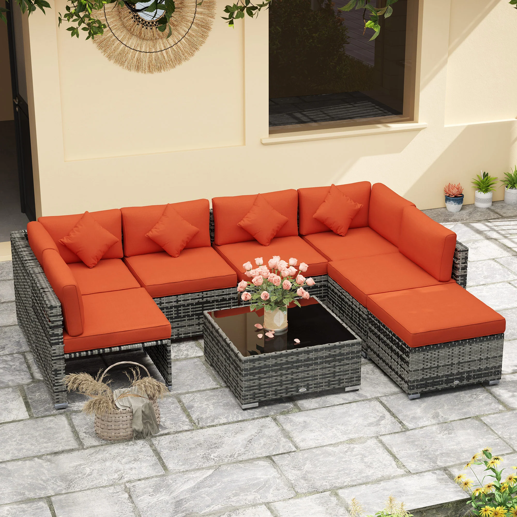 8 Pieces PE Rattan Corner Sofa Set with Cushion, Pillows & Tempered Glass Table, Orange - Image 4