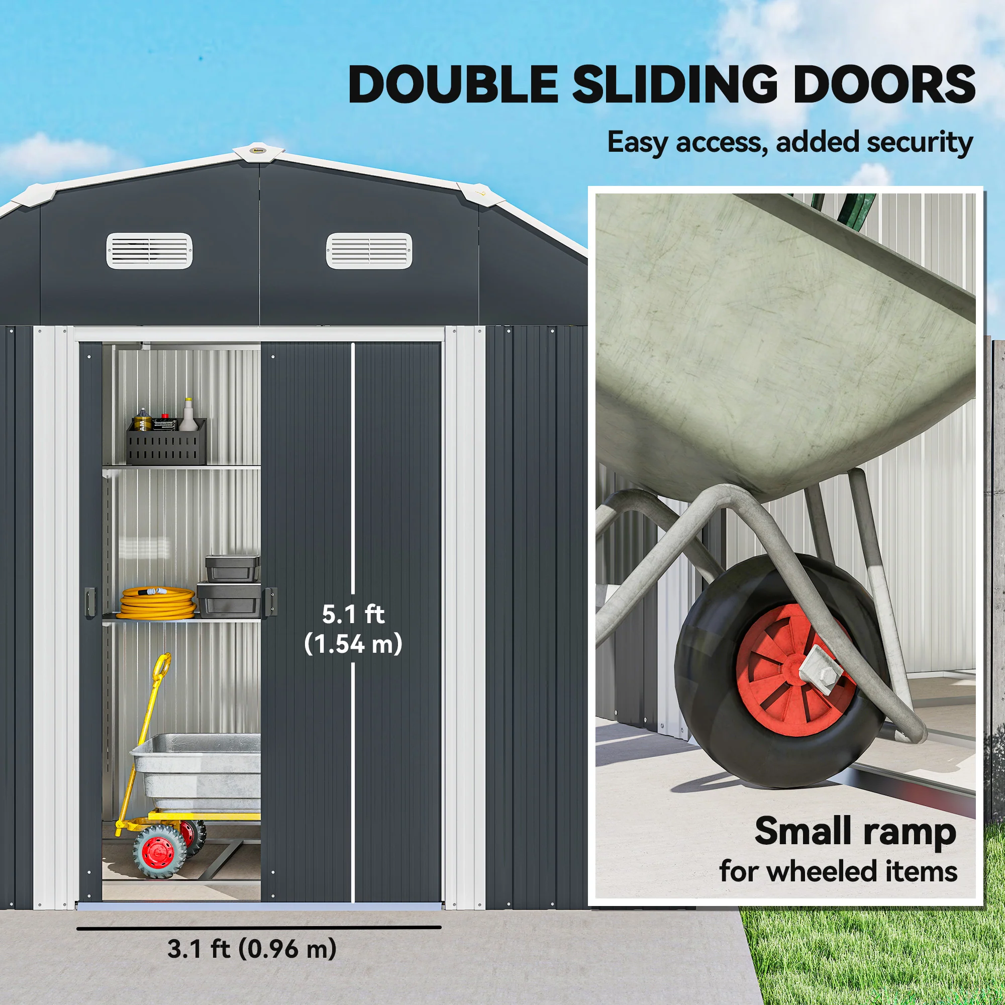 8' x 4' Galvanized Garden Shed with Adjustable Shelves, Foundation Kit, Dark Grey - Image 7