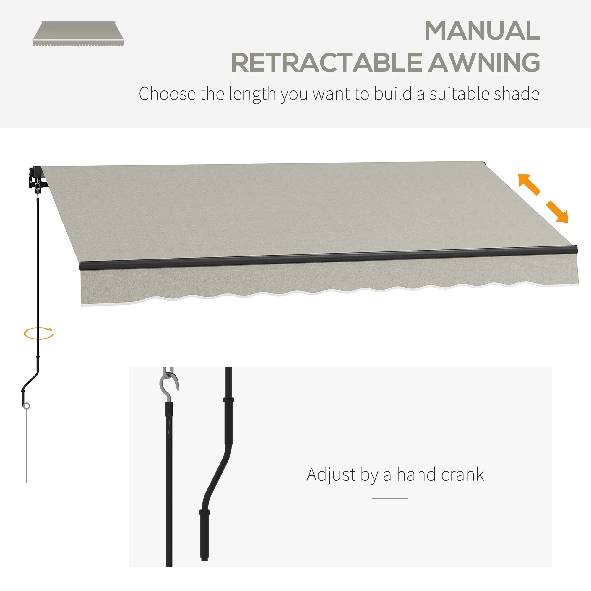 8' x 6.5' Retractable Awning with Manual Crank, 280gsm UV Resistant Fabric and Aluminum Frame, Light Grey - Image 6