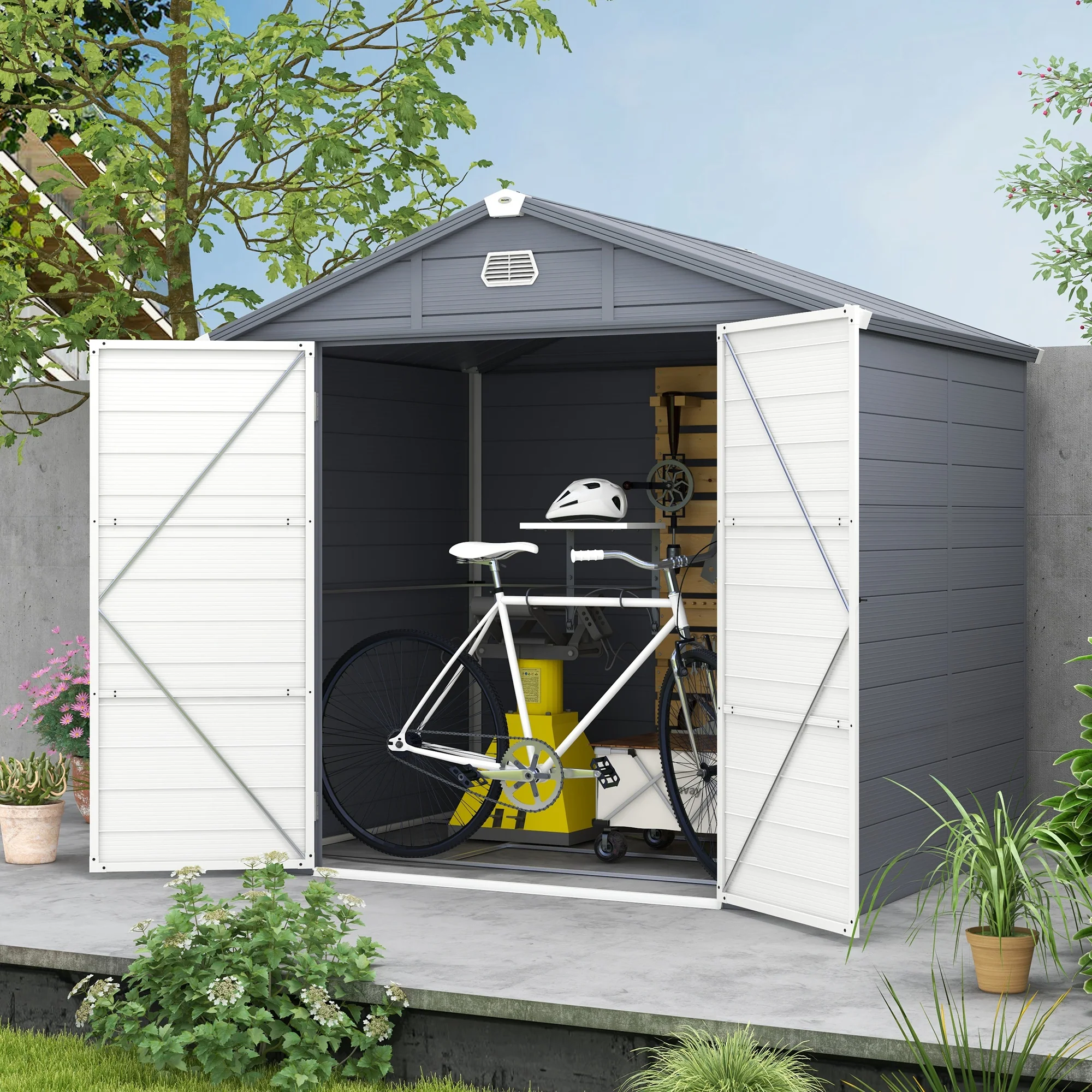 8' x 6' Aluminum Frame Storage Shed with Galvanized Foundation, Latched Door & Window, Dark Grey - Image 4