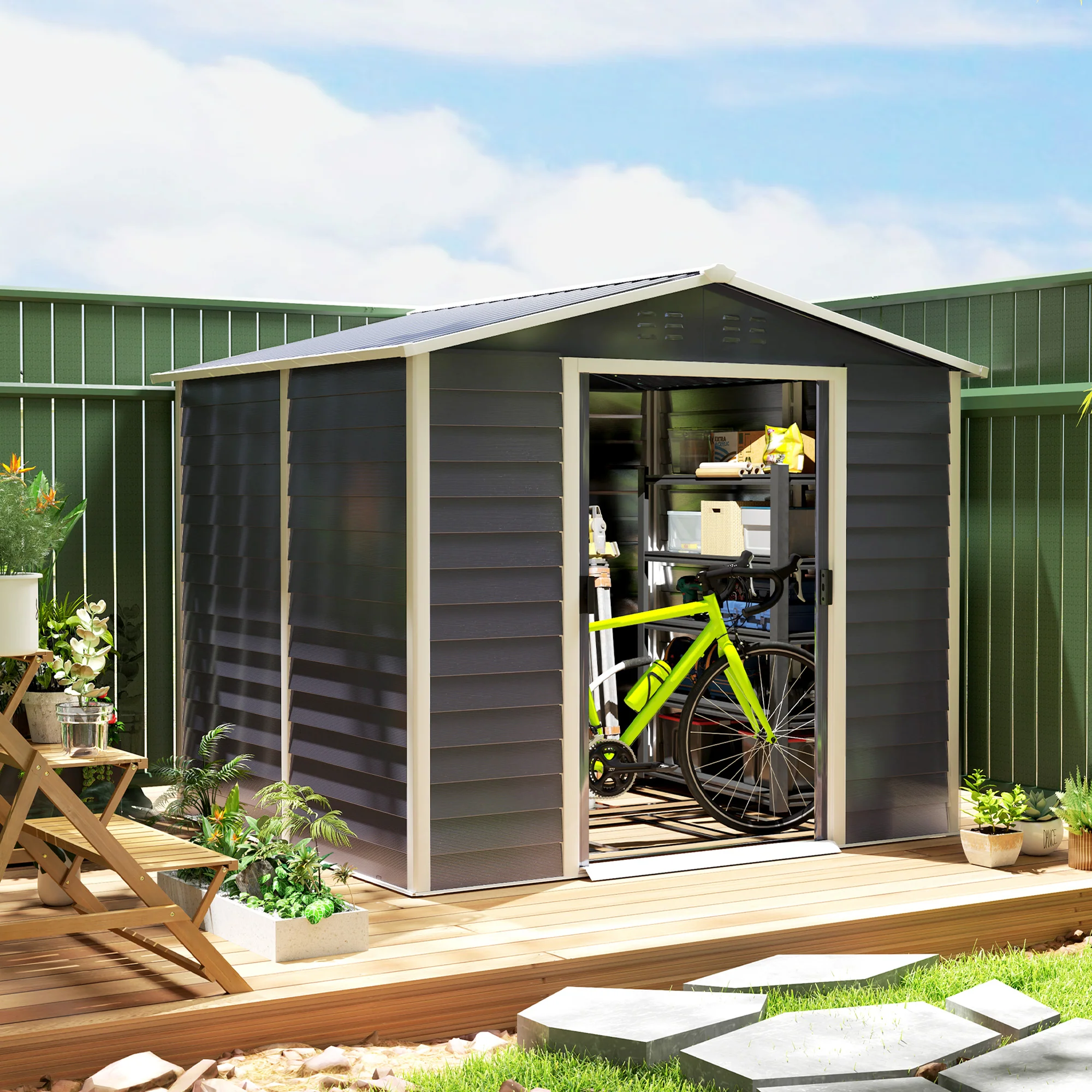 EverBase 8' x 7' Upgraded Storage Shed with Floor Frame and Gloves, Dark Grey - Image 4
