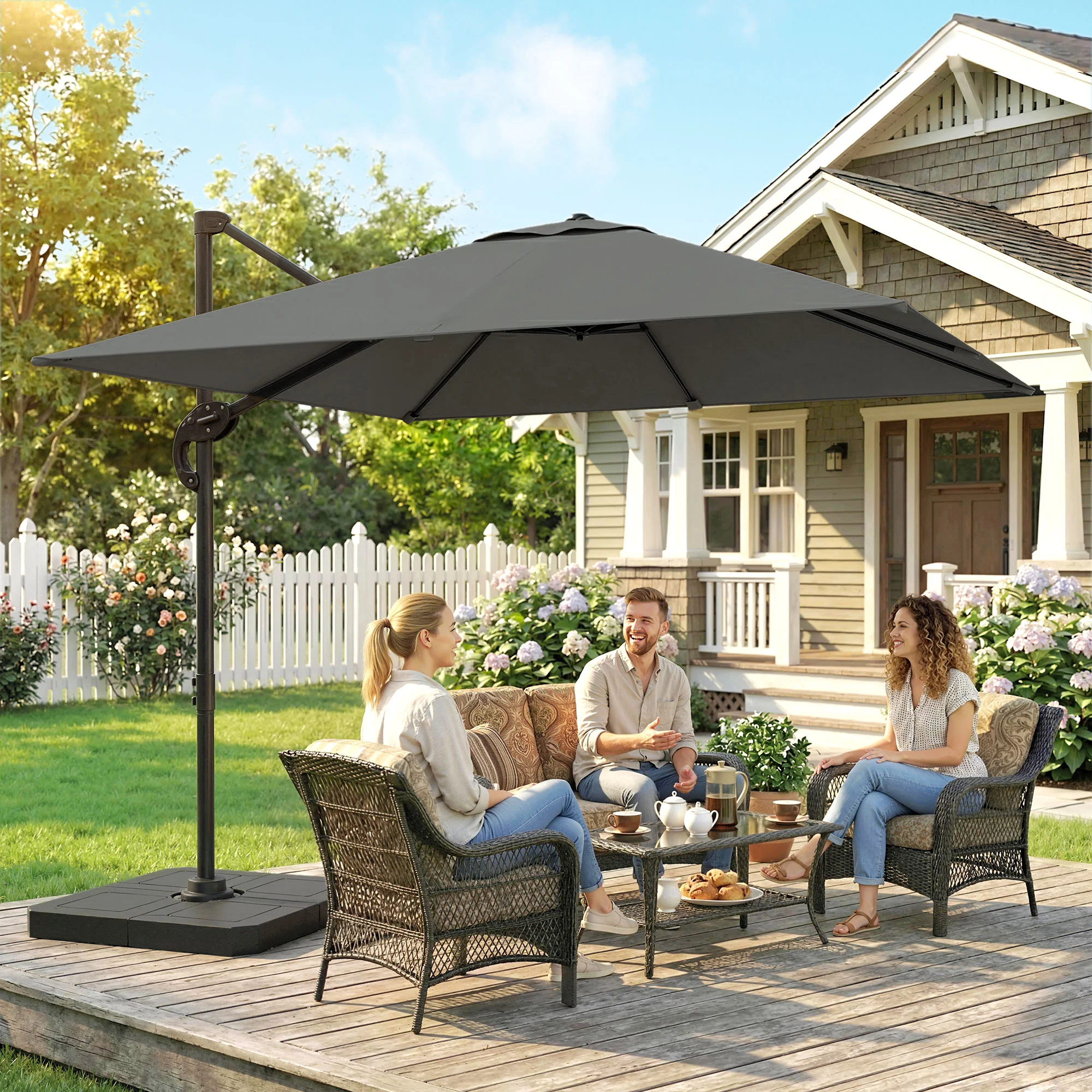 8' x 8' Offset Cantilever Patio Umbrella with Base Weights, UPF50+ Cantilever Parasol with 360° Rotation, Dark Grey - Image 3