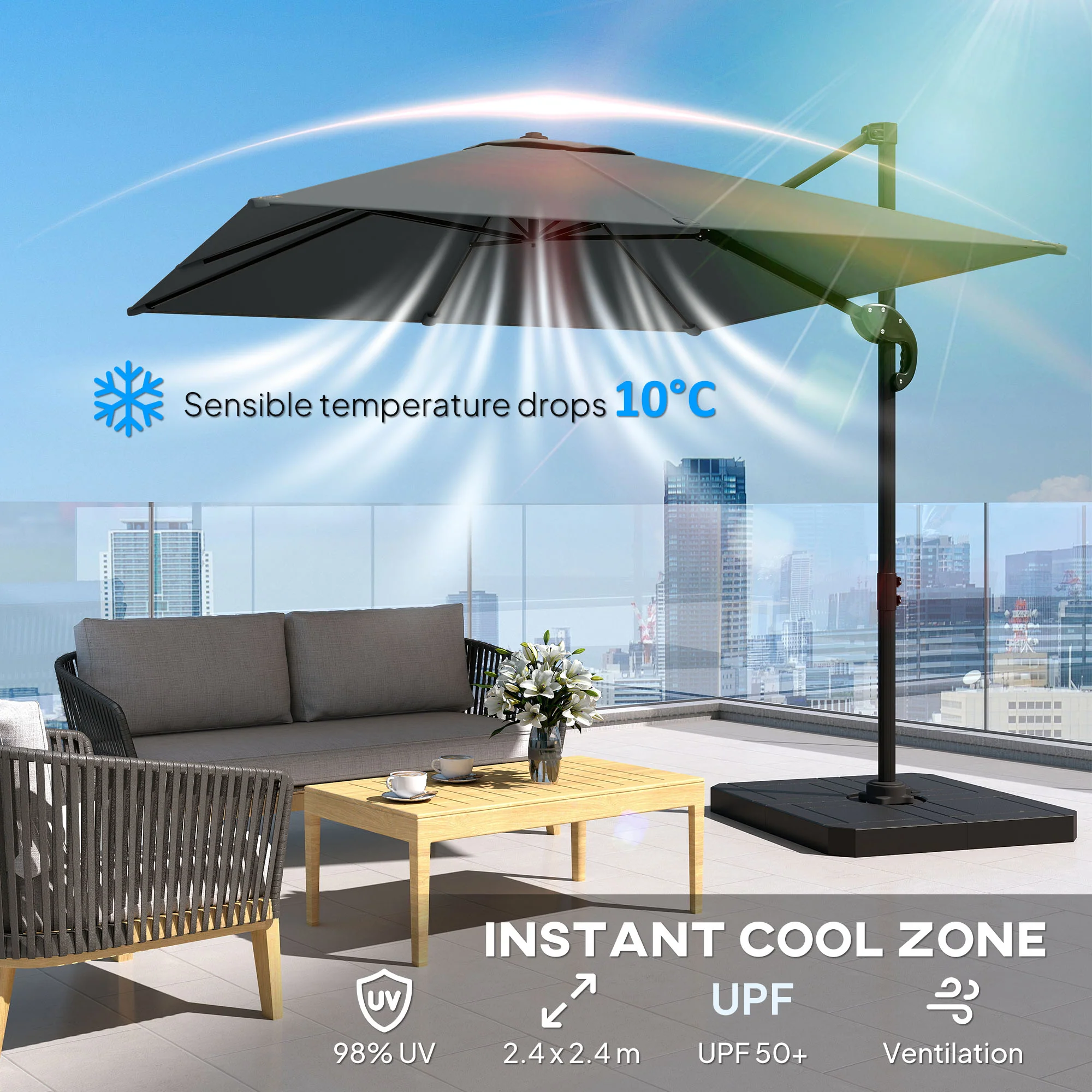 8' x 8' Offset Cantilever Patio Umbrella with Base Weights, UPF50+ Cantilever Parasol with 360° Rotation, Dark Grey - Image 7