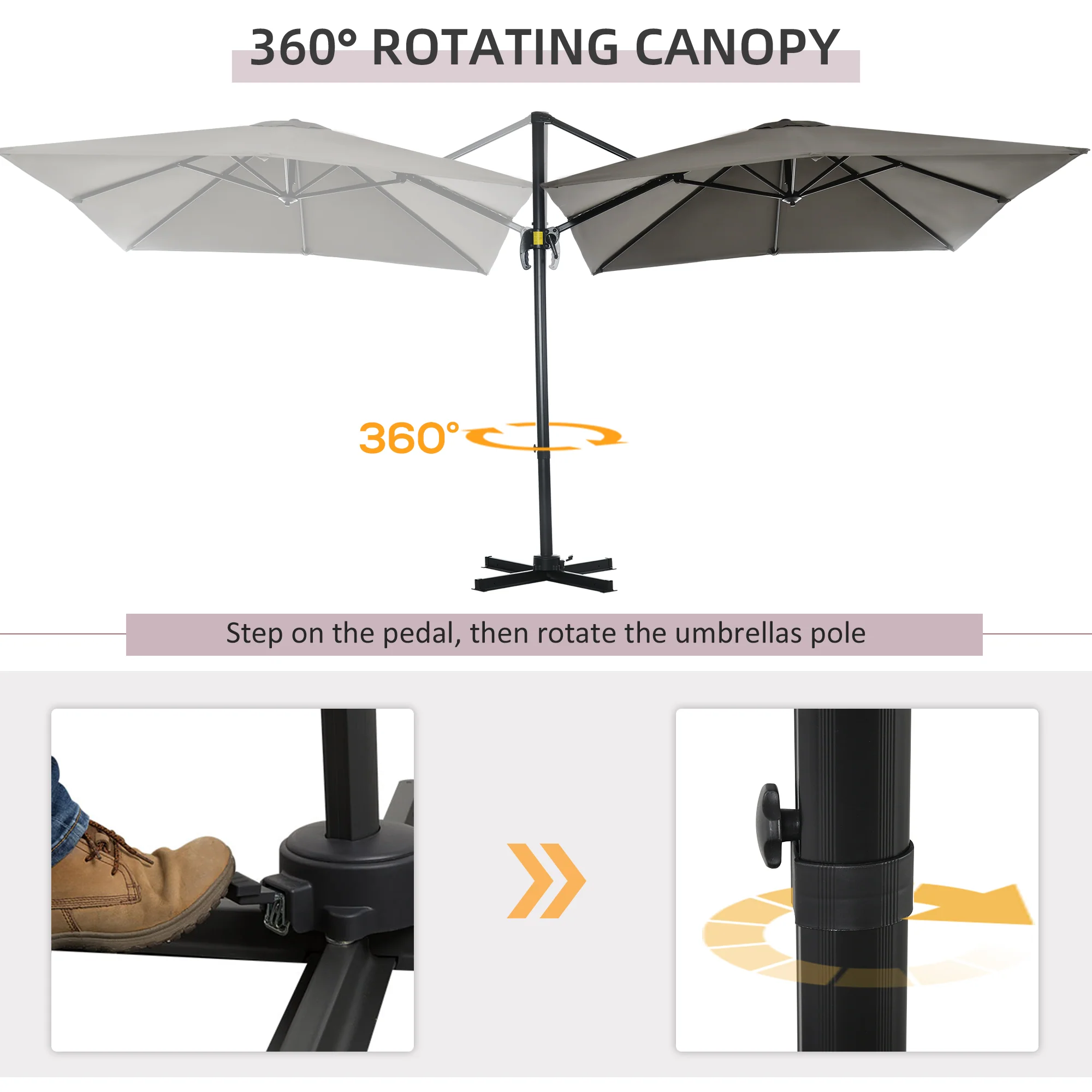 8'x 8' Square Cantilever Umbrella with 360° Rotation & Tilt, Light Grey - Image 6