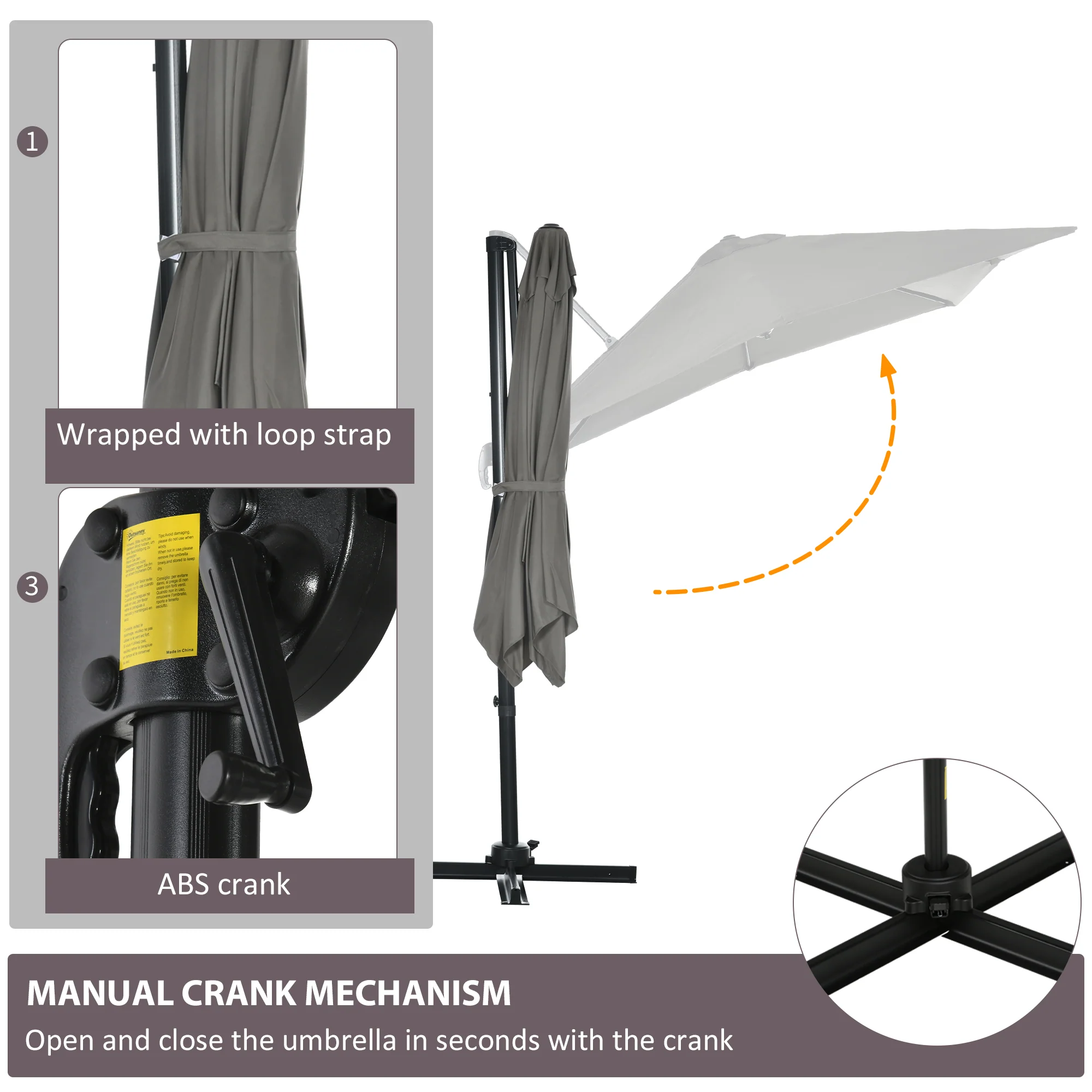 8'x 8' Square Cantilever Umbrella with 360° Rotation & Tilt, Light Grey - Image 8